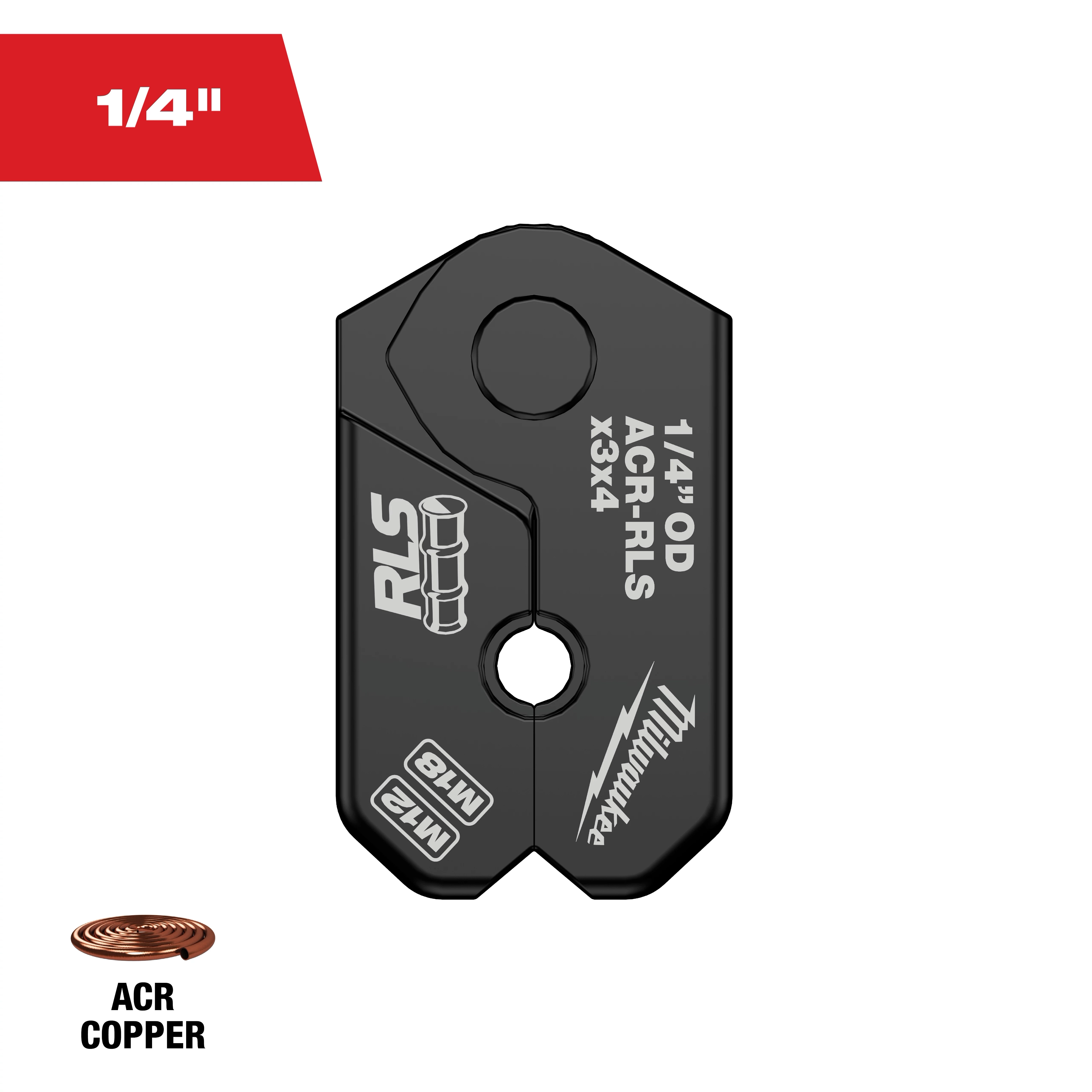 The 1/4" RLS® Pivoting Press Ring is black with printed specifications. It is compatible with ACR and copper materials.
