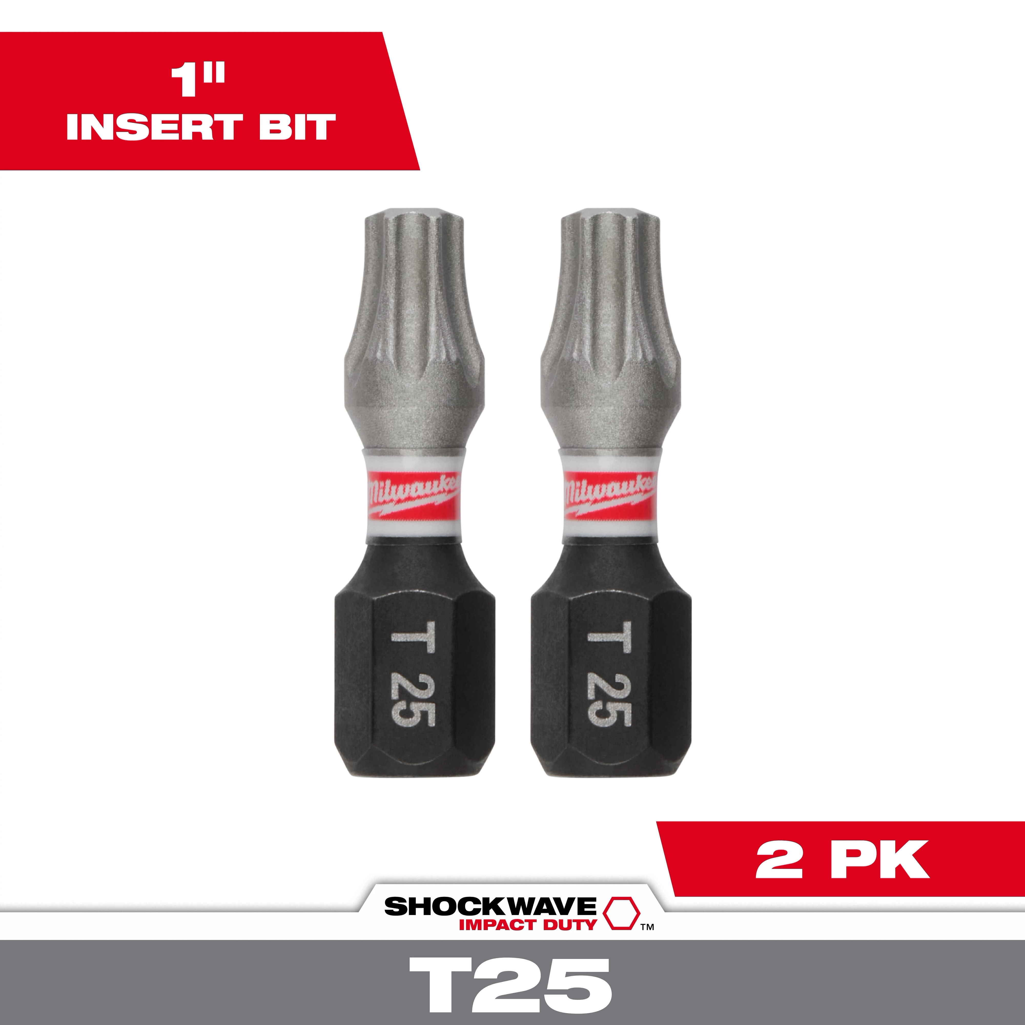 The image shows two SHOCKWAVE™ 1" Impact Duty TORX® T25 Insert Bits from Milwaukee. They are metallic with black tips labeled "T 25" and feature a red band with the Milwaukee logo. Text indicates the pack contains two bits.