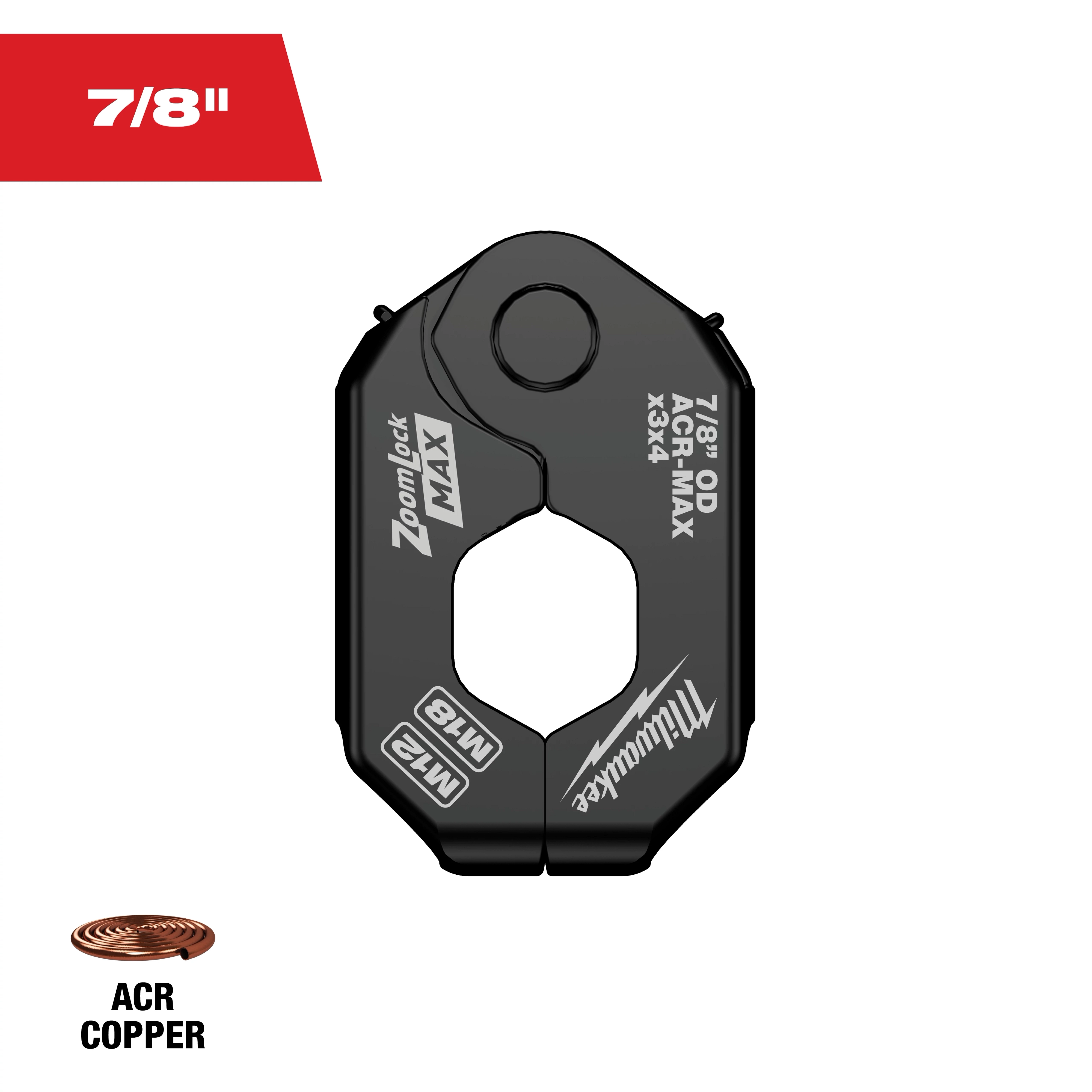 The 7/8" ZoomLock MAX® and MaxiPro® Pivoting Press Ring is a black tool designed for pressing 7/8" OD ACR copper. It features distinct branding and specifications marked on its surface. The ring has a pivoting mechanism for efficient use in plumbing or HVAC applications.