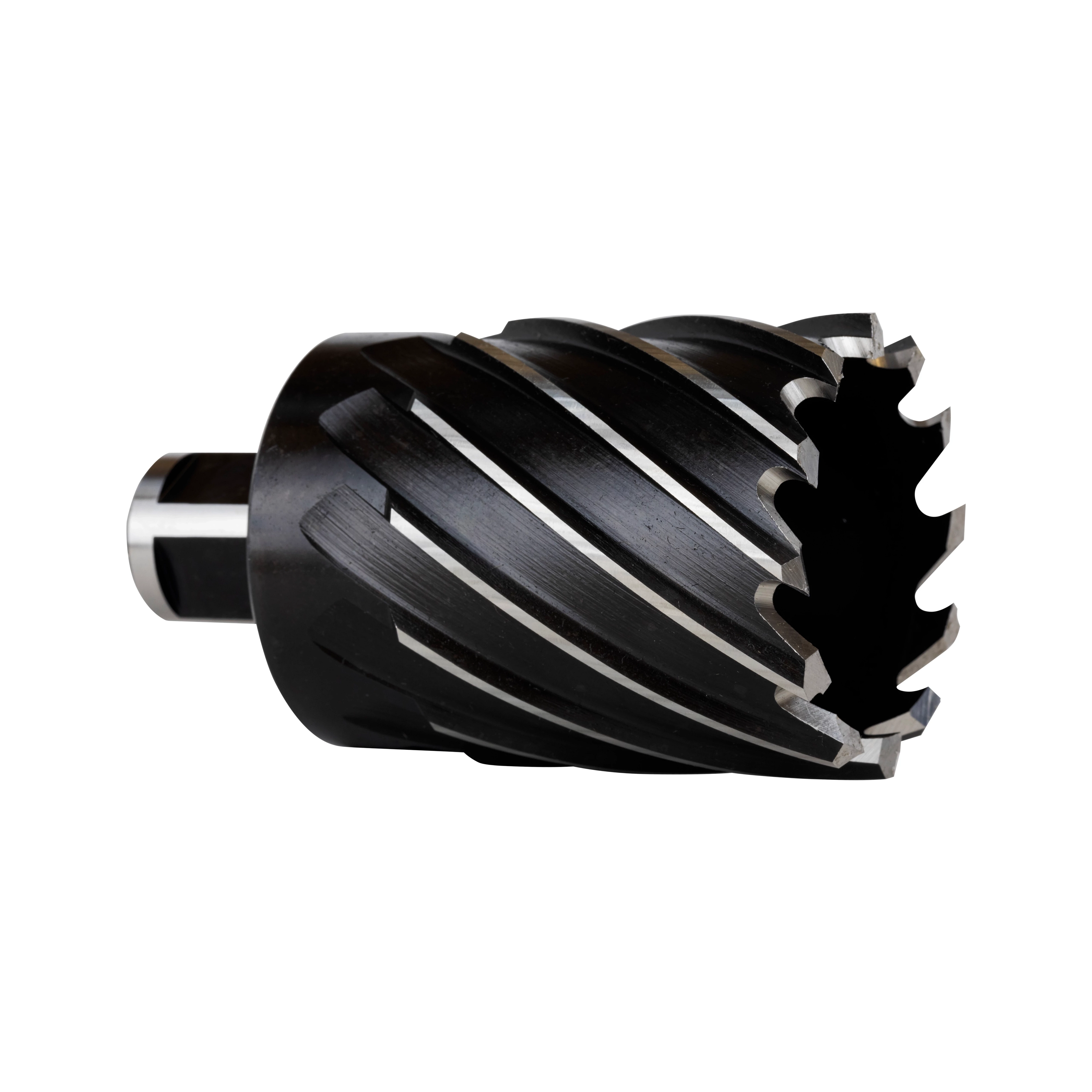 HSS Angular Cutter, a cylindrical cutting tool with helical flutes and sharp teeth designed for efficient drilling and cutting applications.