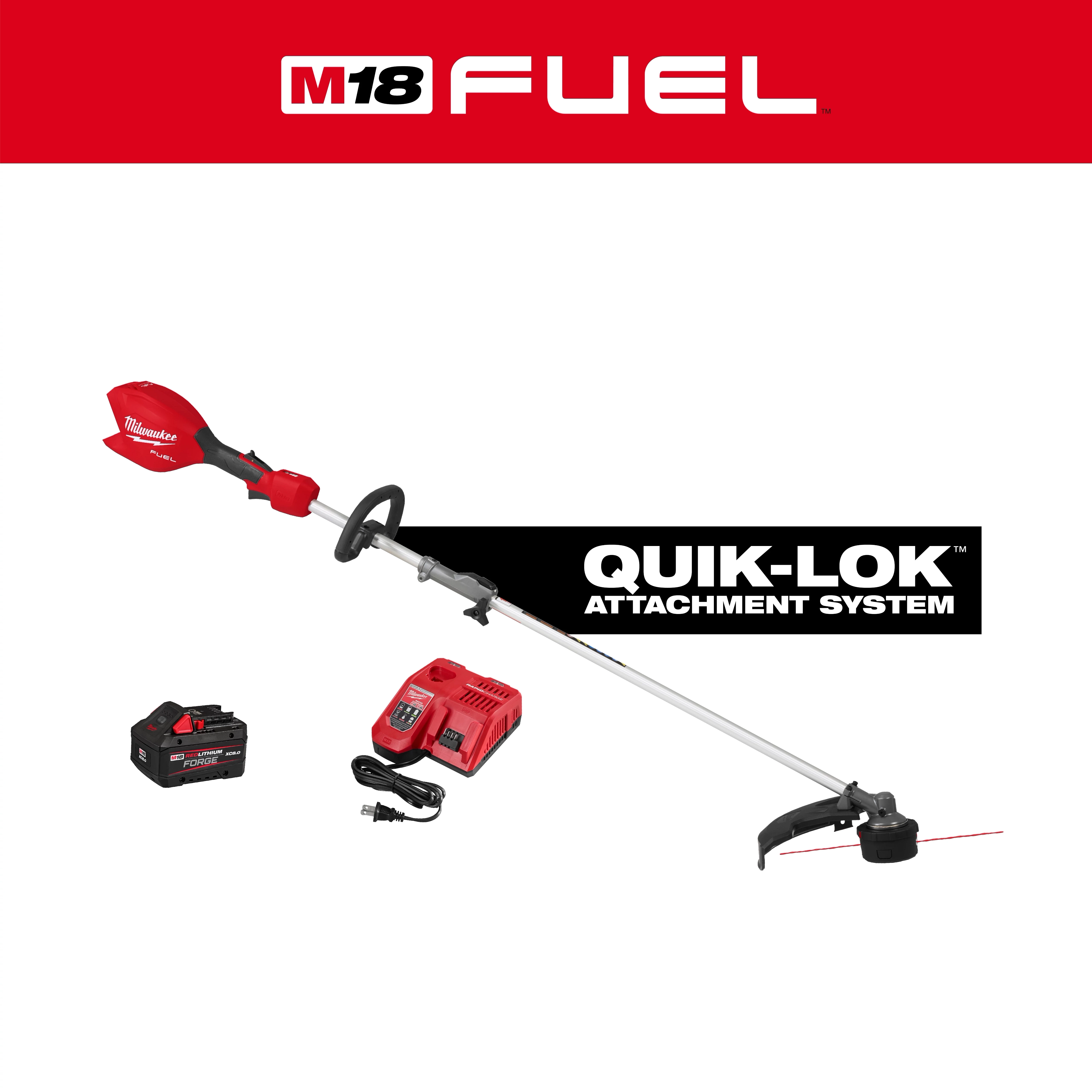 M18 FUEL QUIK-LOK 16” String Trimmer Kit with trimmer, battery, charger, and attachment system text on white background.