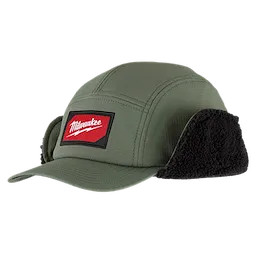 Green Sherpa-Lined Hat with a red and black logo on the front, black sherpa lining on the ear flaps, and a curved brim.