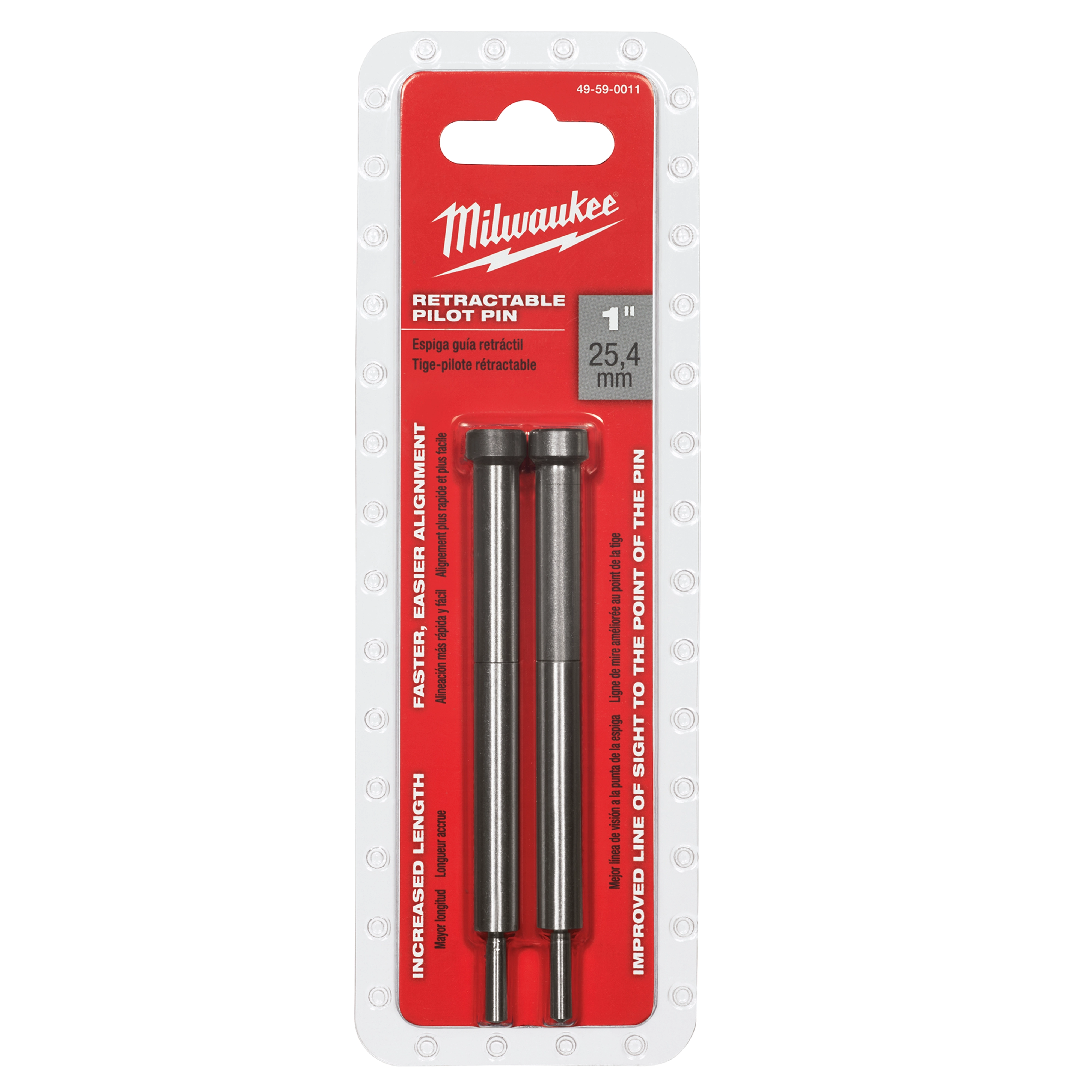Packaged set of two 1-inch Retractable Pilot Pins with a red cardboard backing, indicating faster alignment and improved visibility.