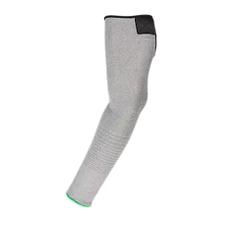 Cut Level 6 Protective Sleeves in gray fabric with green stitching at one end, designed to safeguard arms from cuts and abrasions.