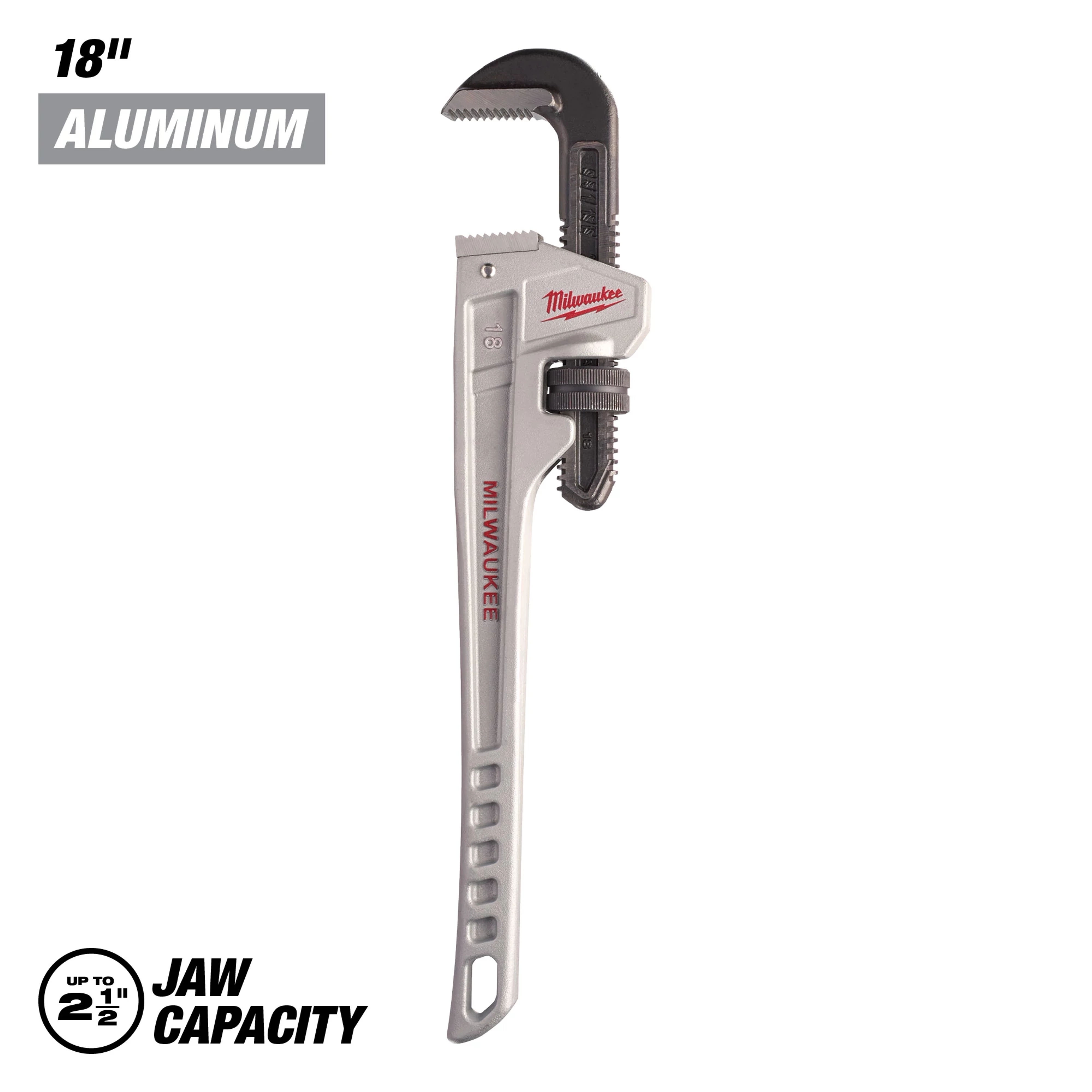 The Milwaukee 18" Aluminum Pipe Wrench features a jaw capacity of up to 2 1/2 inches. Its lightweight aluminum body and adjustable jaw are designed for durability and ease of use in plumbing tasks.