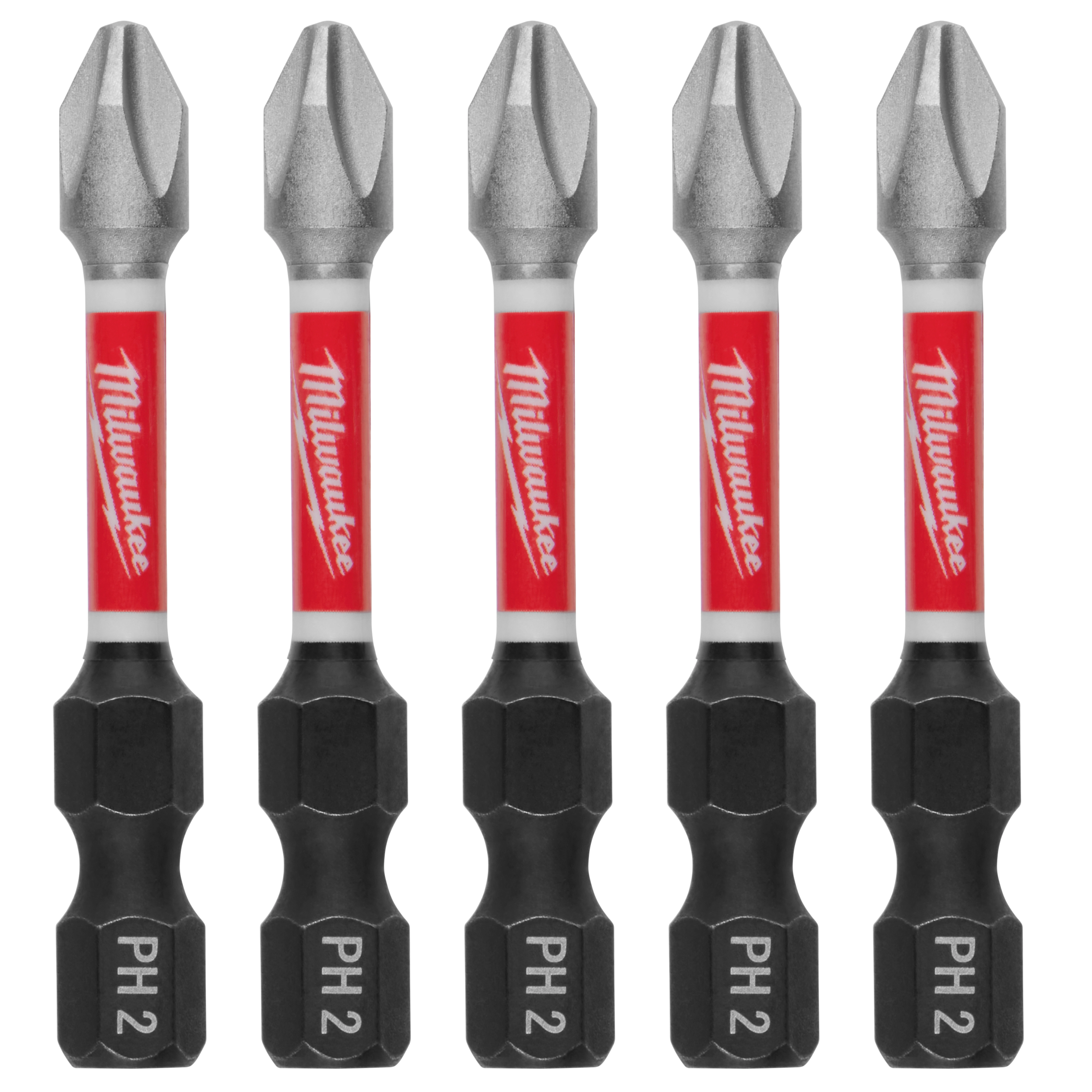 This image shows five SHOCKWAVE™ 2” Impact Duty Phillips #2 Power Bits (5 PK) arranged vertically. They have a silver tip, a red and white Milwaukee logo on the shaft, and a black base marked with "PH 2".