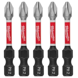This image shows five SHOCKWAVE™ 2” Impact Duty Phillips #2 Power Bits (5 PK) arranged vertically. They have a silver tip, a red and white Milwaukee logo on the shaft, and a black base marked with "PH 2".