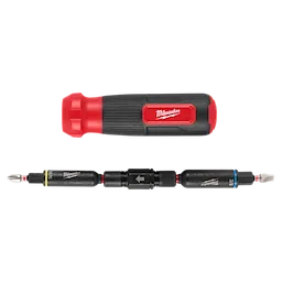 The 8-IN-1 Multi-Bit & Nut Driver with SHOCKWAVE Impact Duty Bits & Nut Drivers is a Milwaukee tool featuring interchangeable bits, each labeled for easy identification. This versatile tool features both nut drivers and screwdriver bits, catering to a range of tasks.
