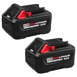 Two black power tool batteries labeled M18 REDLITHIUM HIGH OUTPUT XC5 Battery Two Pack, shown side by side.