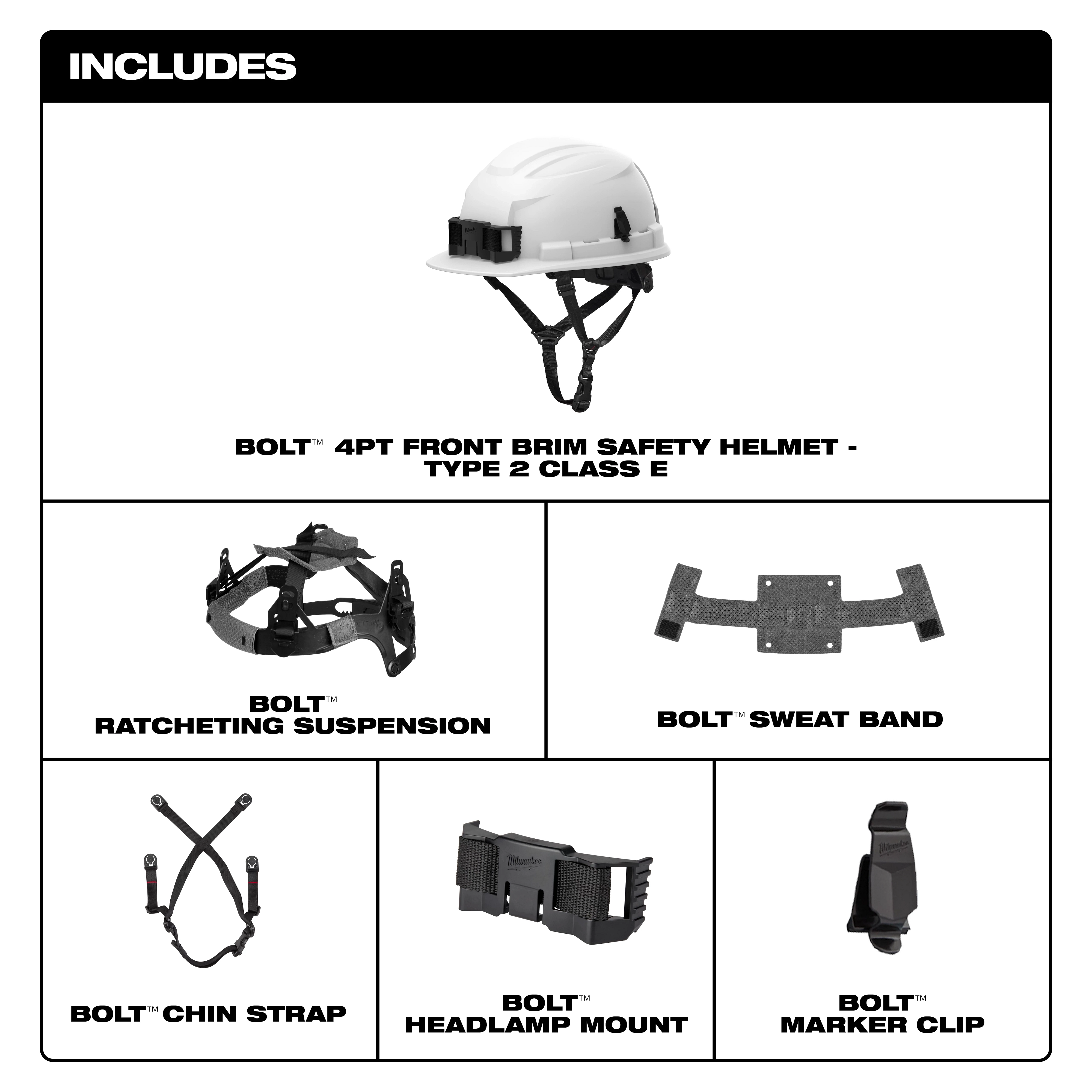 The BOLT 4PT Front Brim Safety Helmet - Type 2, Class E includes a ratcheting suspension, sweat band, chin strap, headlamp mount, and marker clip.