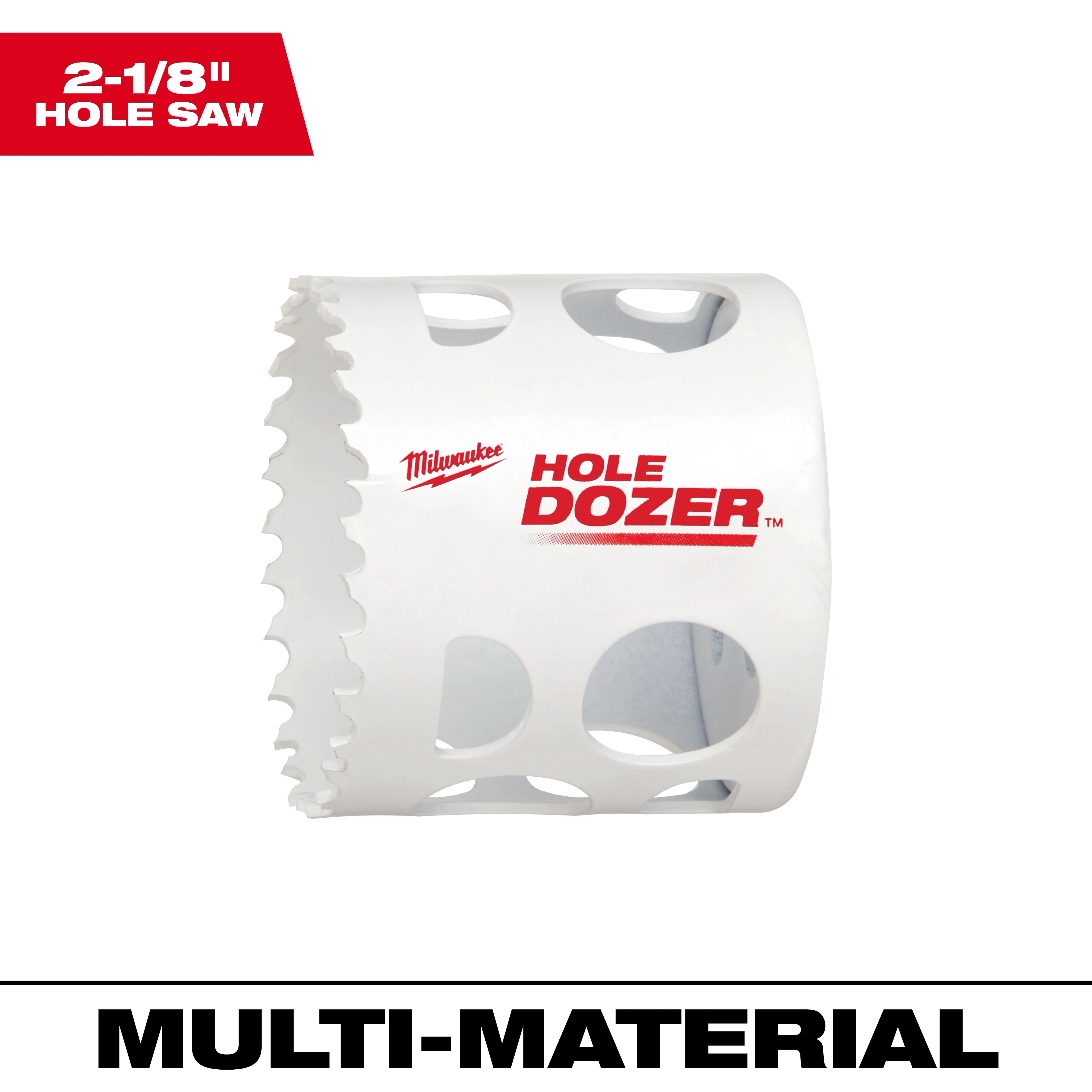2-1/8" Hole Dozer Bi-Metal Hole Saw features a white body with multiple holes and serrated edge. Suitable for multi-material cutting.