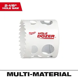 2-1/8" Hole Dozer Bi-Metal Hole Saw features a white body with multiple holes and serrated edge. Suitable for multi-material cutting.