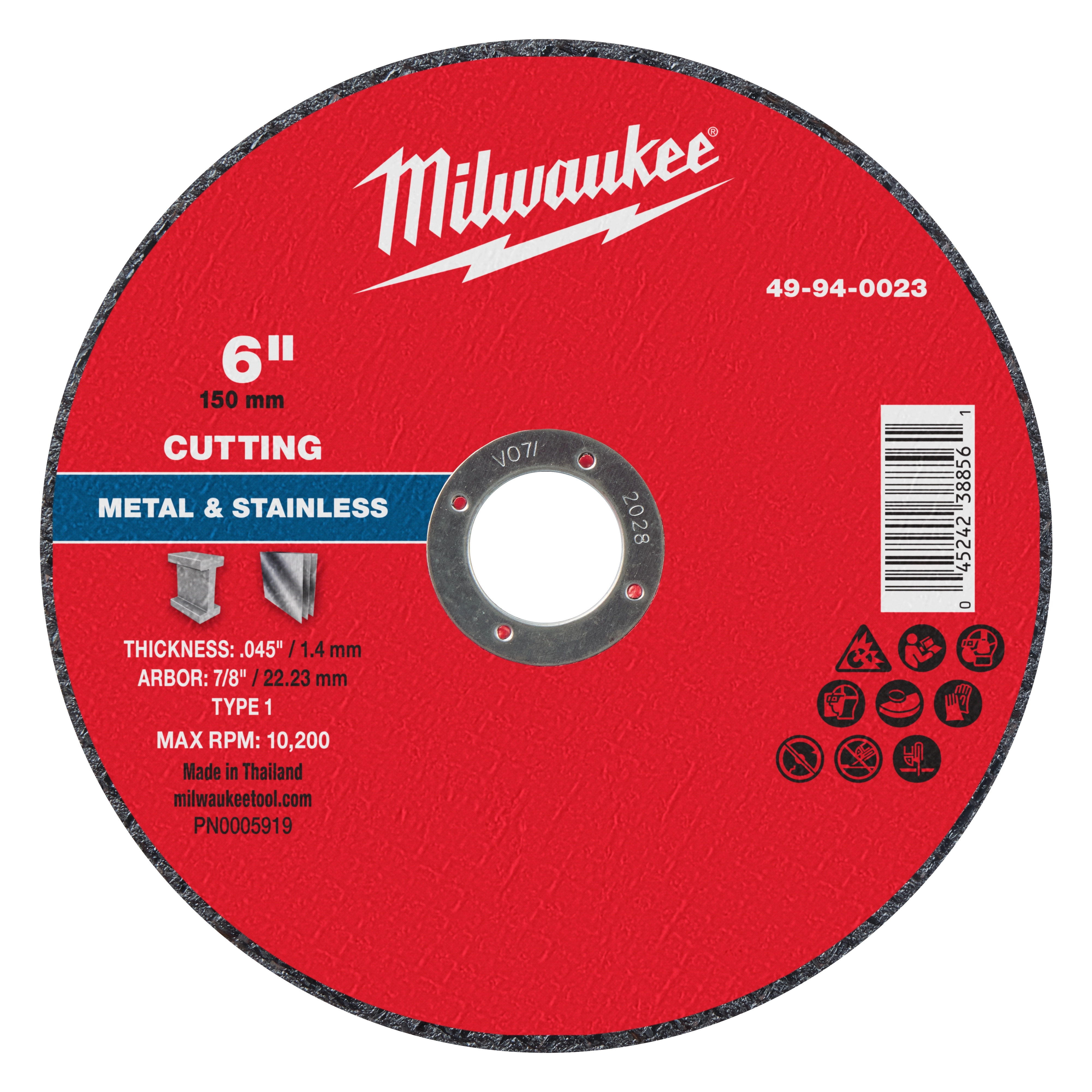 Red 6"x.045"x7/8" Metal Cut Off Wheel-Type 1 for cutting metal and stainless steel, with a maximum RPM of 10,200.