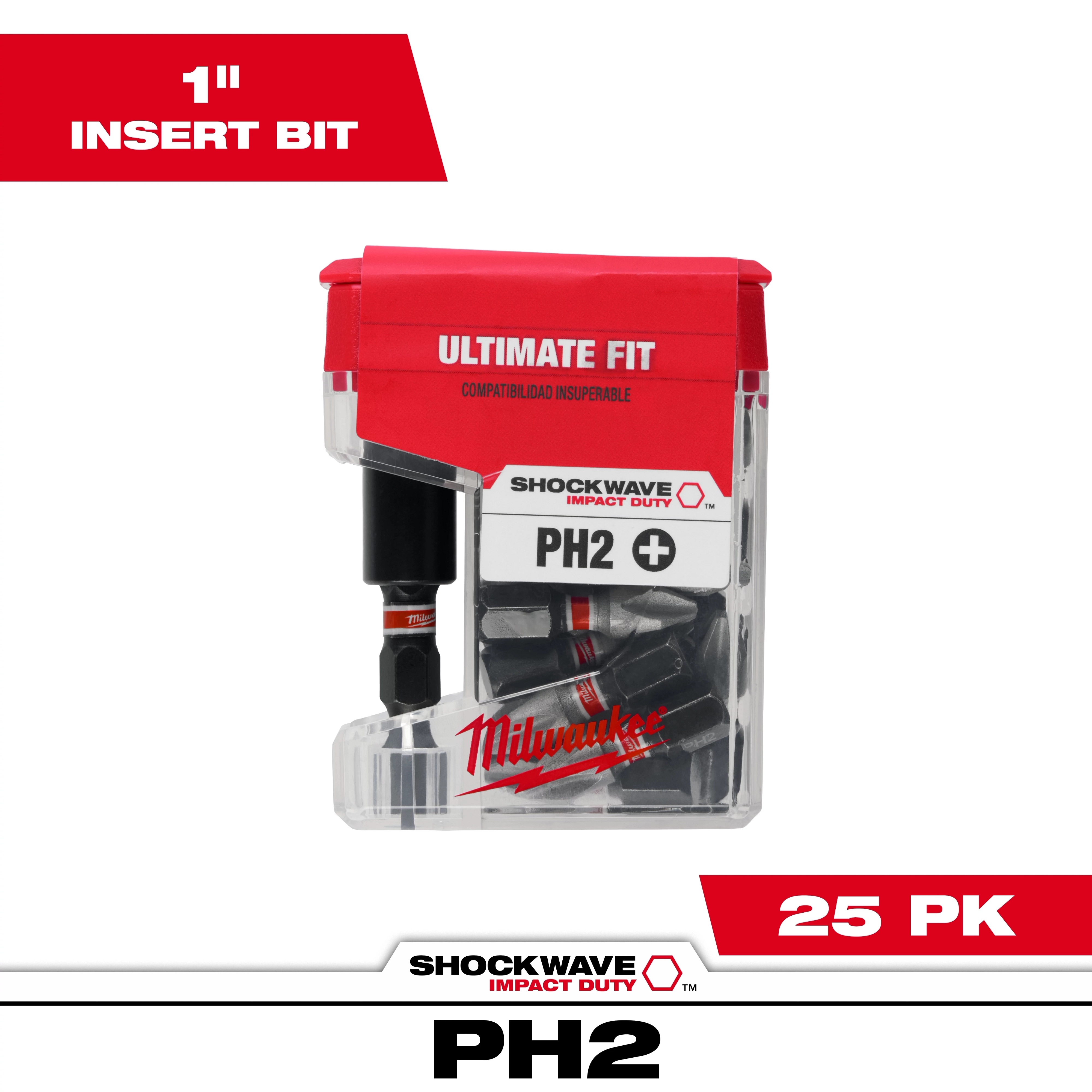The image shows the SHOCKWAVE™ 1" Magnetic Bit Tip Holder with Impact Duty Phillips #2 Insert Bits, featuring 25 one-inch insert bits. The packaging is clear with a red top, branded by Milwaukee, and labeled for ultimate fit and compatibility.