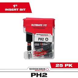 The image shows the SHOCKWAVE™ 1" Magnetic Bit Tip Holder with Impact Duty Phillips #2 Insert Bits, featuring 25 one-inch insert bits. The packaging is clear with a red top, branded by Milwaukee, and labeled for ultimate fit and compatibility.