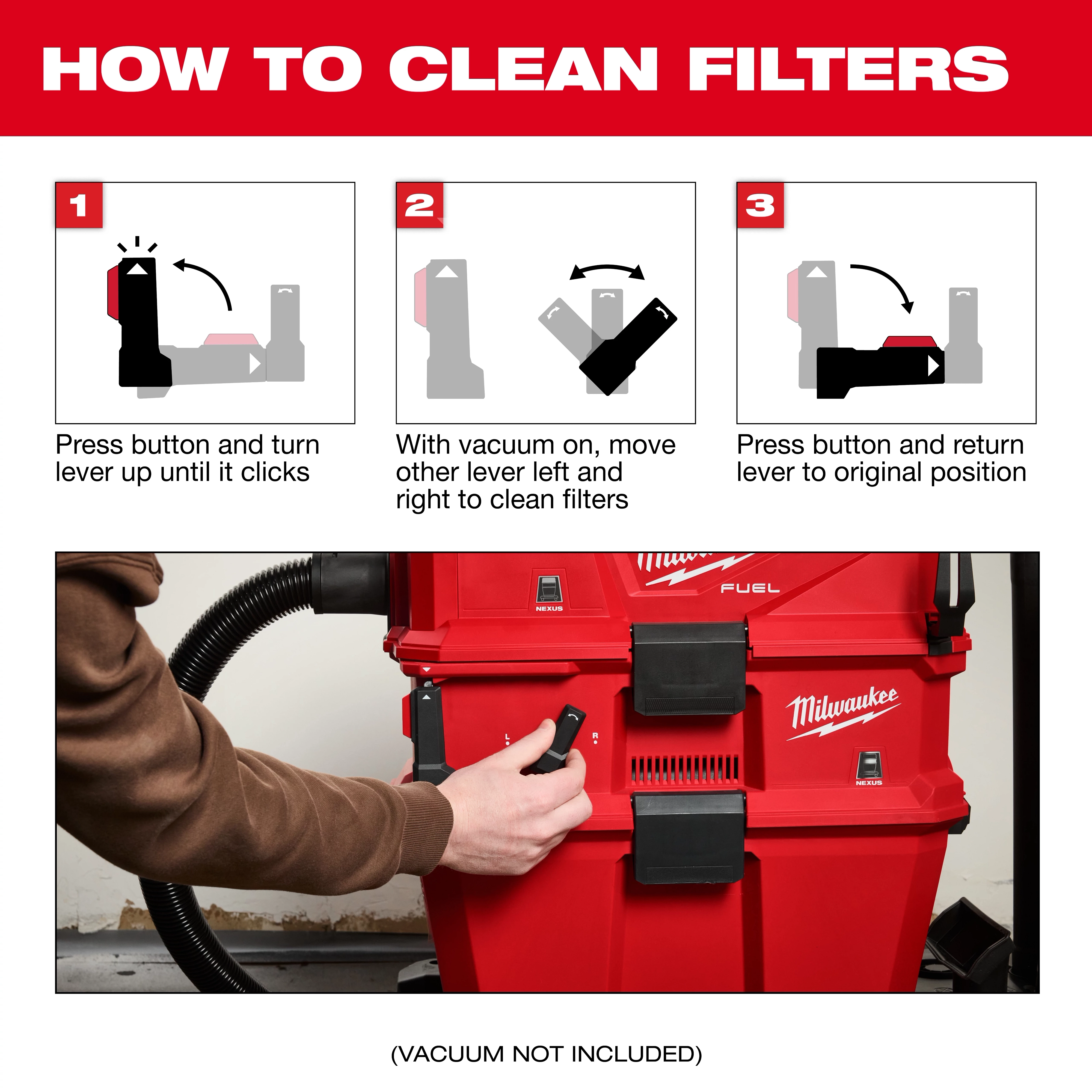 Instruction image detailing how to clean filters using the NEXUS™ Dedicated Filter Cleaner. Steps include pressing a button, turning a lever, moving another lever while vacuum is on, and returning levers to their original positions. The cleaner is red with a Milwaukee logo; the vacuum is not included.