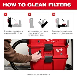 Instruction image detailing how to clean filters using the NEXUS™ Dedicated Filter Cleaner. Steps include pressing a button, turning a lever, moving another lever while vacuum is on, and returning levers to their original positions. The cleaner is red with a Milwaukee logo; the vacuum is not included.