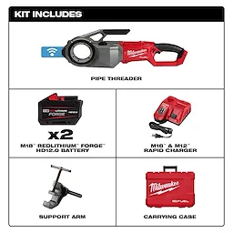 The M18 FUEL™ Pipe Threader w/ ONE-KEY™ kit includes a pipe threader, two M18™ REDLITHIUM™ FORGE™ HD12.0 batteries, an M18™ & M12™ rapid charger, a support arm, and a carrying case.