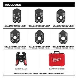 The 1/4" - 7/8" Streamline® ACR Pivoting Press Ring Kit for M18™ FORCE LOGIC™ Press Tool includes seven pivoting press rings, one X3 ring jaw, a carrying case, a cone reamer, and a depth gauge.