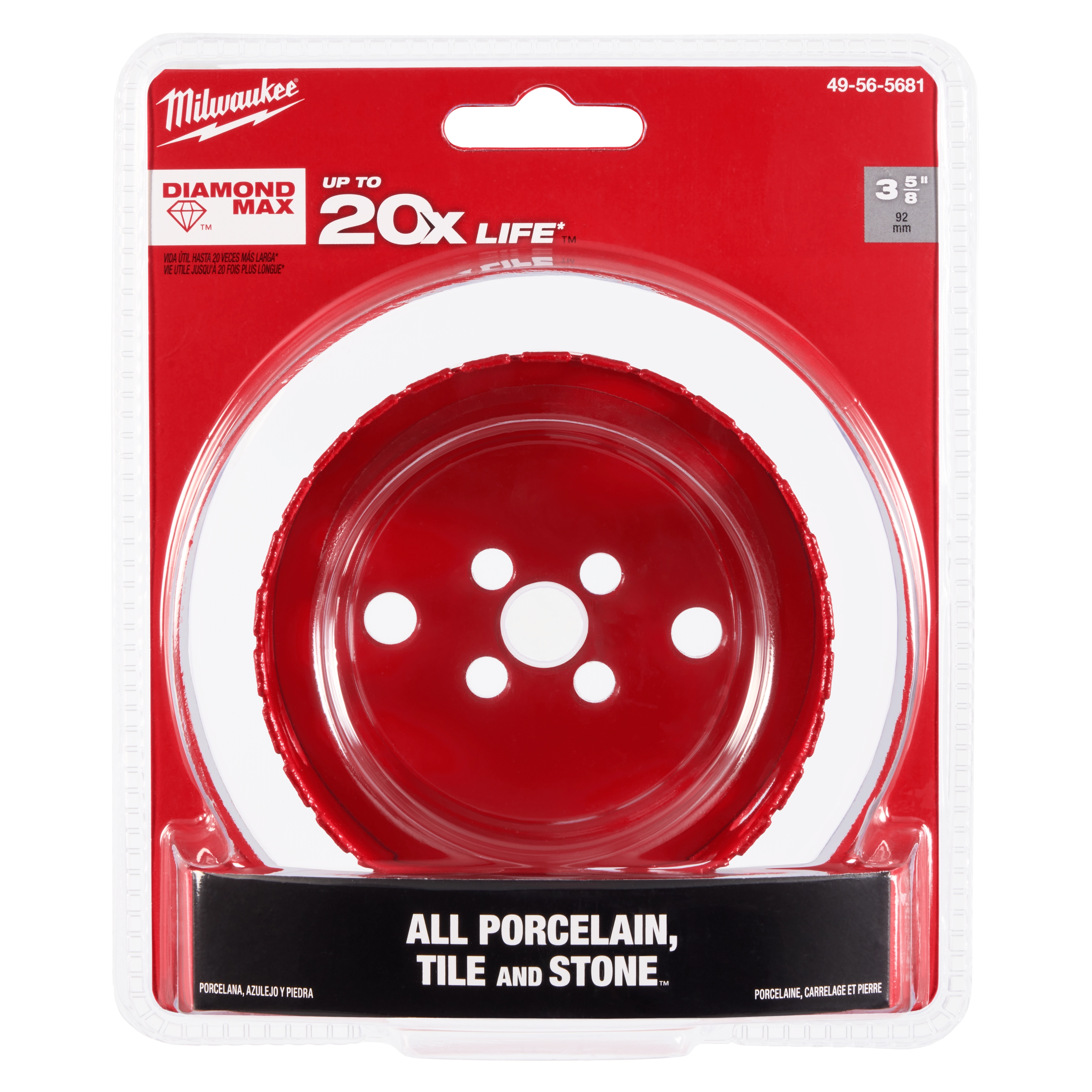 Milwaukee 3-5/8" Diamond Max Hole Saw packaged for use on porcelain, tile, and stone materials, with a claim of 20 times longer life.