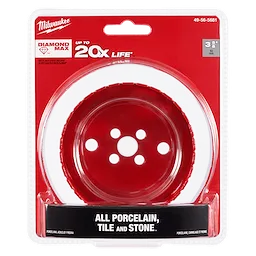 Milwaukee 3-5/8" Diamond Max Hole Saw packaged for use on porcelain, tile, and stone materials, with a claim of 20 times longer life.