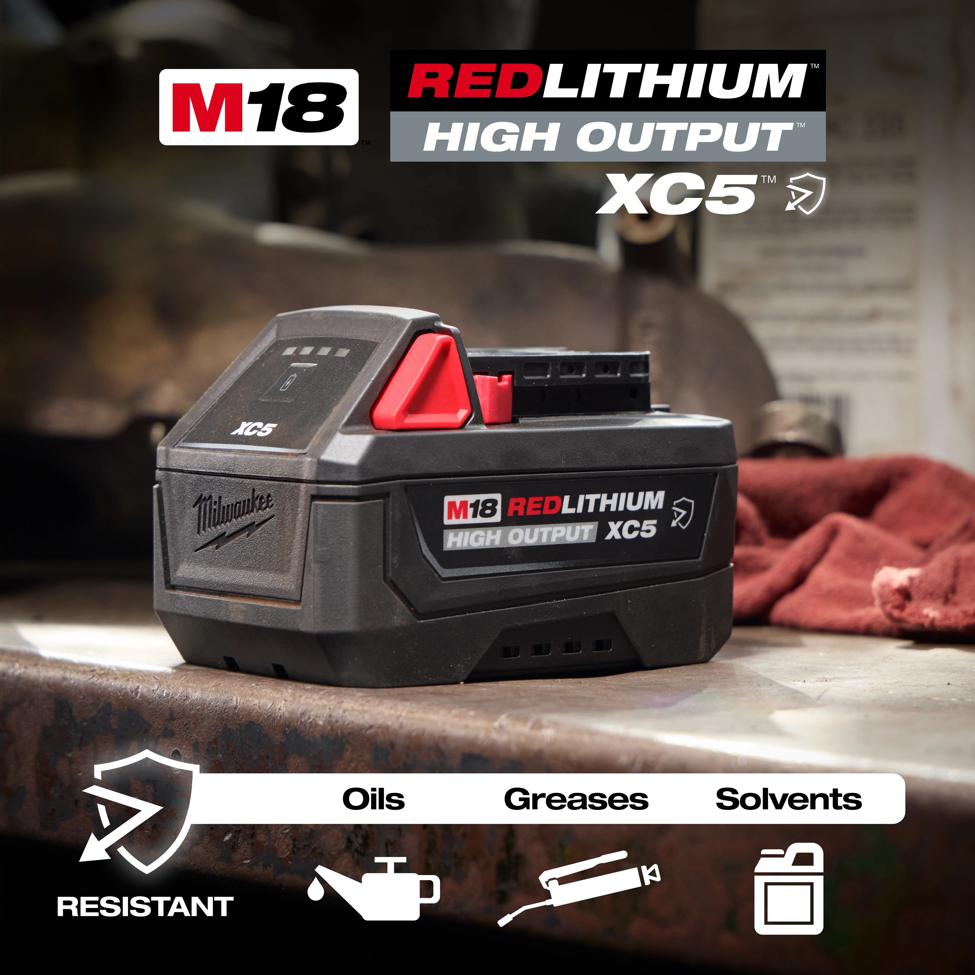 M18 REDLITHIUM HIGH OUTPUT XC5 Resistant Battery Pack resting on a workbench with tools and icons below.