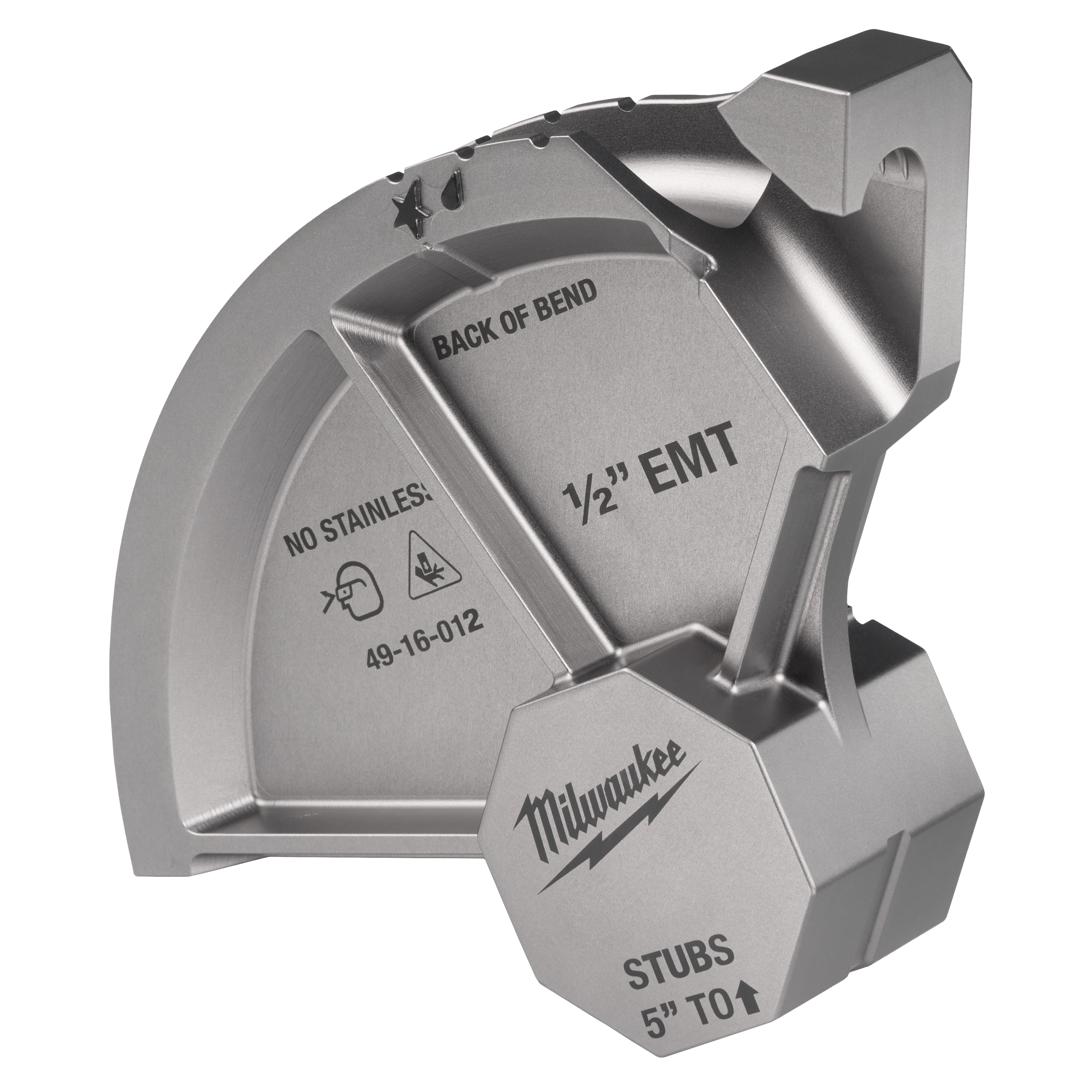 This image shows a Milwaukee conduit bender head. It is labeled for bending ½-inch EMT, marked "Back of Bend," "Stubs 5” TO↗," and "No Stainless." It appears metallic and has model number 49-16-012.