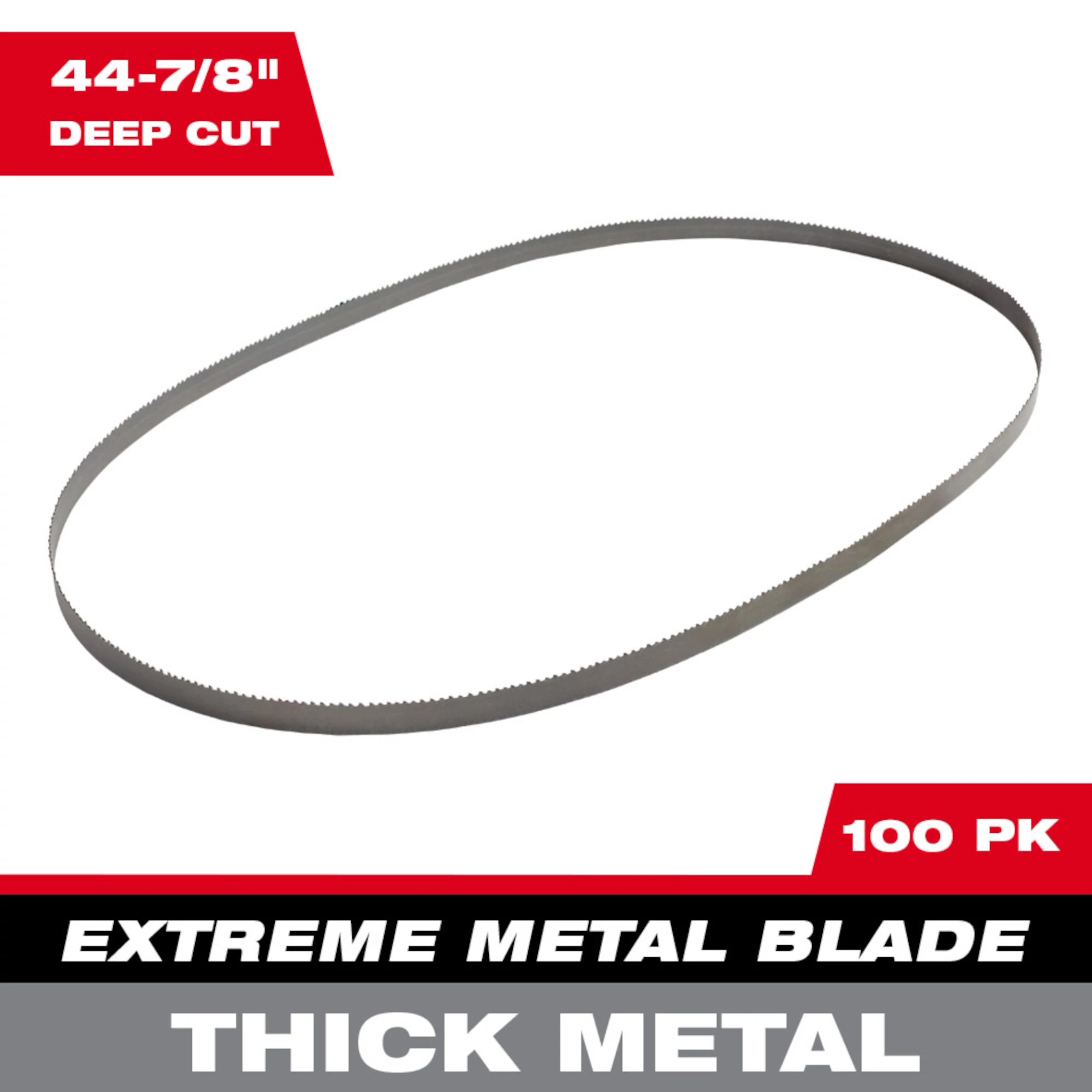 Band Saw Blade Main Image featuring a 44-7/8" deep cut metal band saw blade for cutting thick metal. Sold in packs of 100.