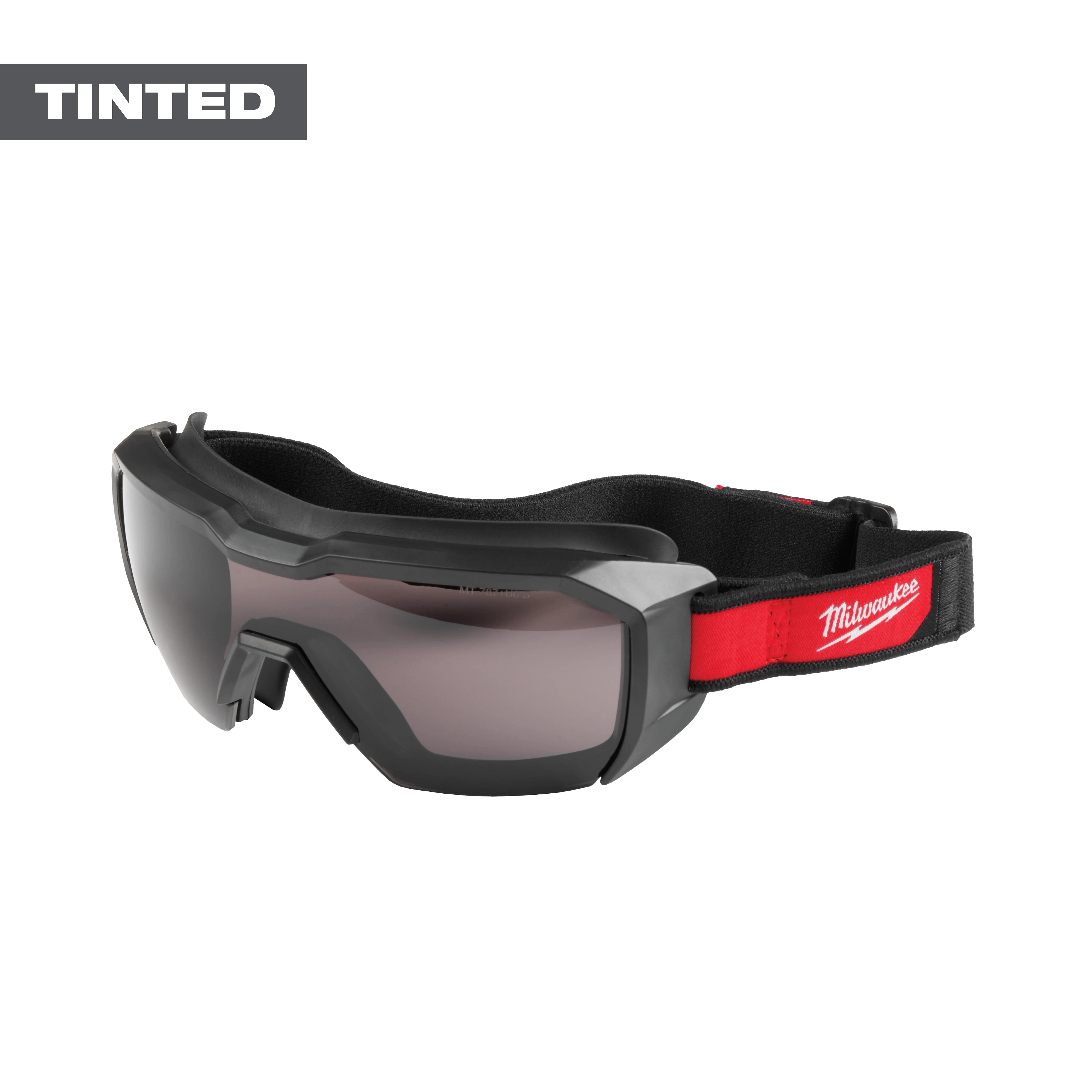 Vented Low-Profile Goggles with Tinted Dual Coat Lens featuring a black frame and red adjustable strap with brand logo.
