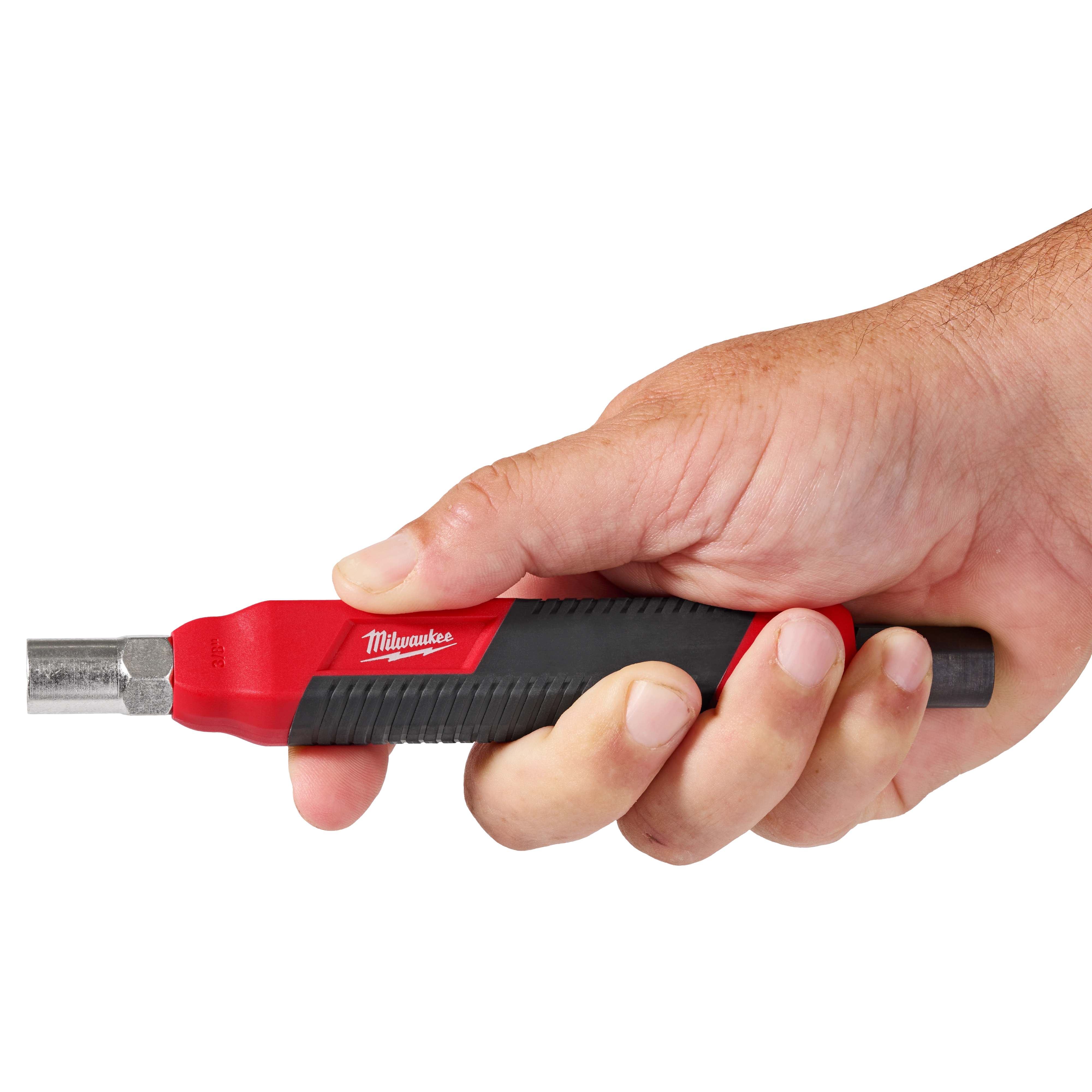 A hand is holding a Can Wrench (3/8” & 7/16”) with a red and black handle. The wrench head is metallic with hexagonal ends. The Milwaukee brand logo is visible on the handle.
