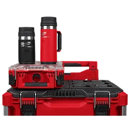 Black and red PACKOUT 12oz Insulated Bottles with Sip Lids are placed on red and black PACKOUT storage boxes.