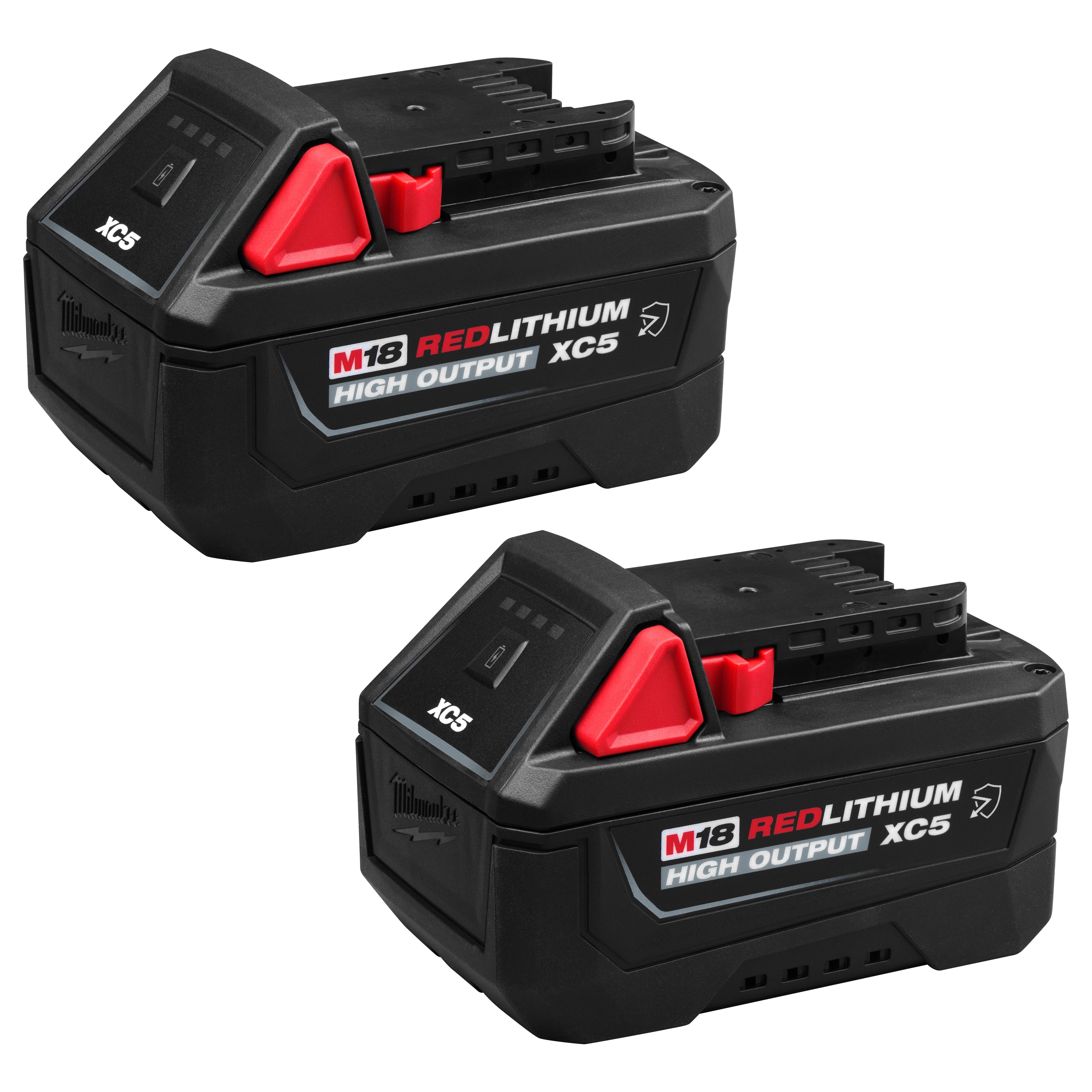 Two black M18 REDLITHIUM HIGH OUTPUT XC5 Resistant Battery Two Pack units side by side on a plain background.