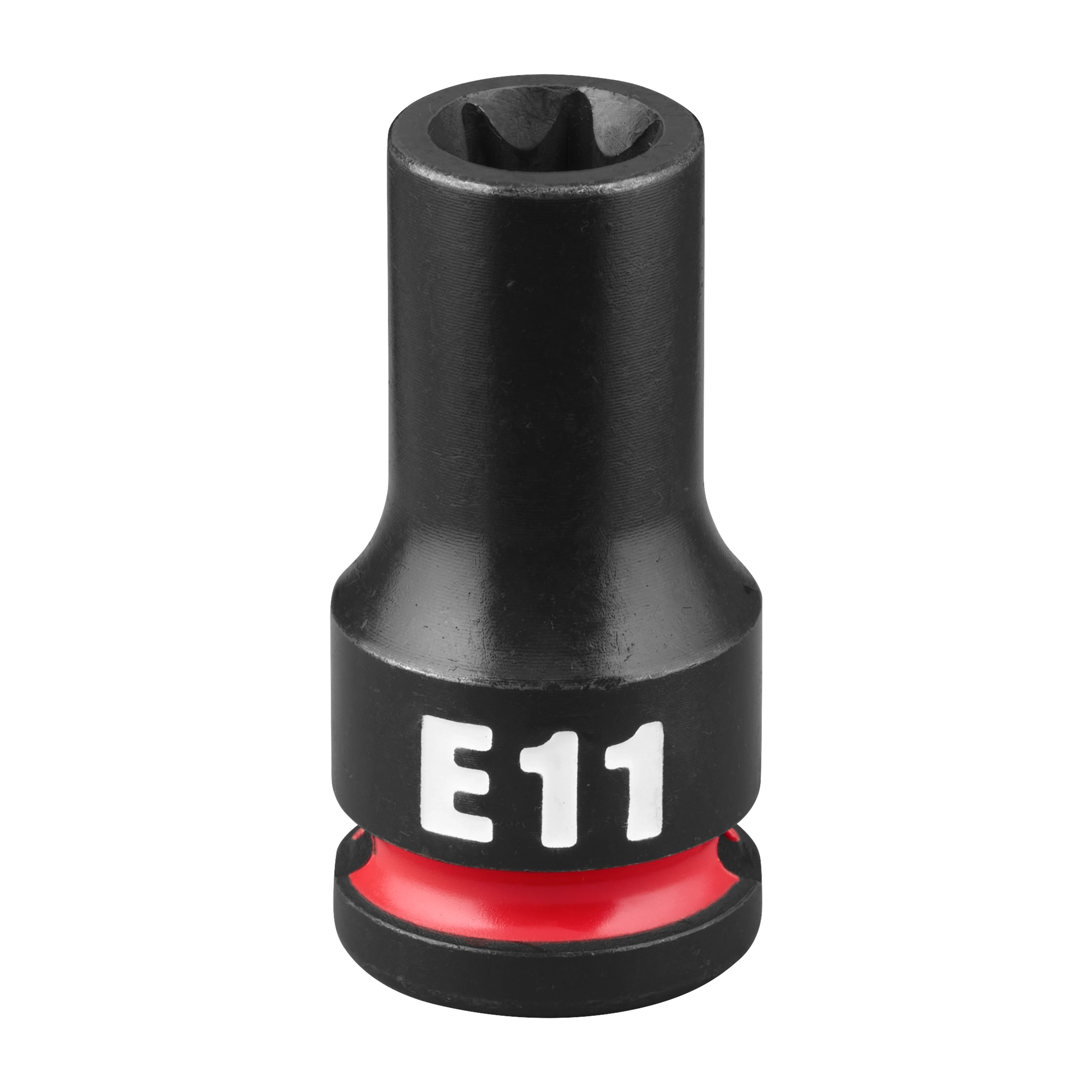 SHOCKWAVE Impact Duty 3/8" Drive E-Torx E11 Bit Socket. The black socket has a red ring near its base and a white "E11" marking on its side. Designed for impact tool use.