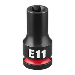 SHOCKWAVE Impact Duty 3/8" Drive E-Torx E11 Bit Socket. The black socket has a red ring near its base and a white "E11" marking on its side. Designed for impact tool use.