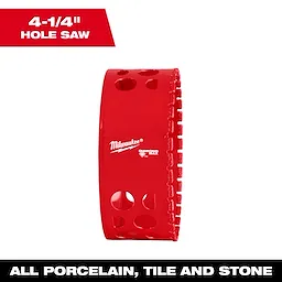 Milwaukee 4-1/4" Diamond Max Hole Saw, red with ventilation holes, suitable for cutting porcelain, tile, and stone materials.