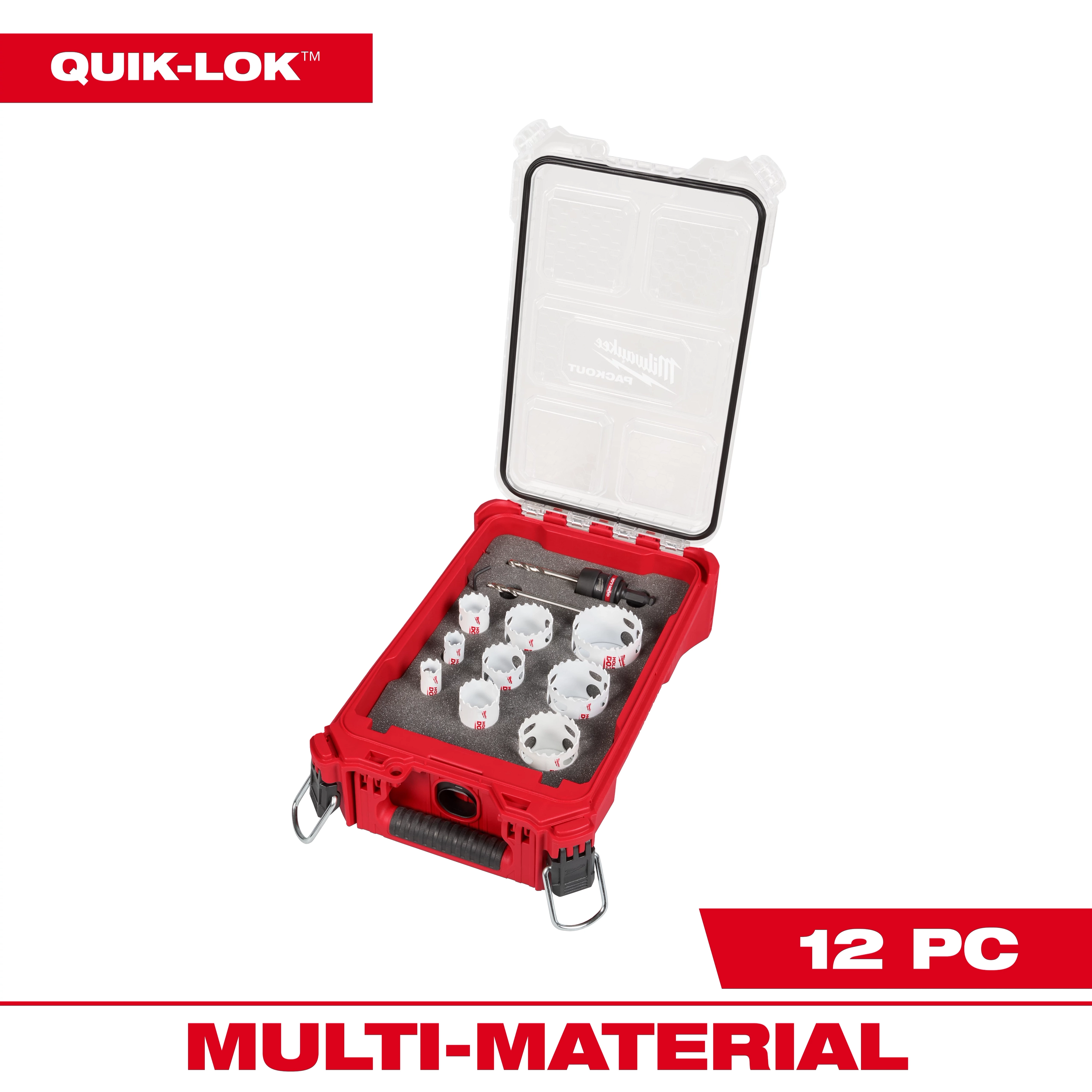 The image depicts the 12PC QUIK-LOK™ HOLE DOZER™ Bi-Metal Kit with PACKOUT™ Compact Organizer. It is in a red, durable case with a transparent lid, showing the hole saws arranged neatly inside. The text "MULTI-MATERIAL" and "12 PC" are prominently displayed.