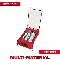 The image depicts the 12PC QUIK-LOK™ HOLE DOZER™ Bi-Metal Kit with PACKOUT™ Compact Organizer. It is in a red, durable case with a transparent lid, showing the hole saws arranged neatly inside. The text "MULTI-MATERIAL" and "12 PC" are prominently displayed.