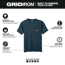 GRIDIRON Pocket T-Shirt - Short Sleeve, tear and abrasion-resistant, moisture-wicking, anti-odor treatment, reinforced seams, available in multiple colors.