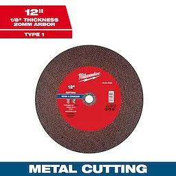 12" x 1/8" x 20mm metal cut off wheel, Type 1. Red label with usage instructions and specifications for metal cutting tasks.