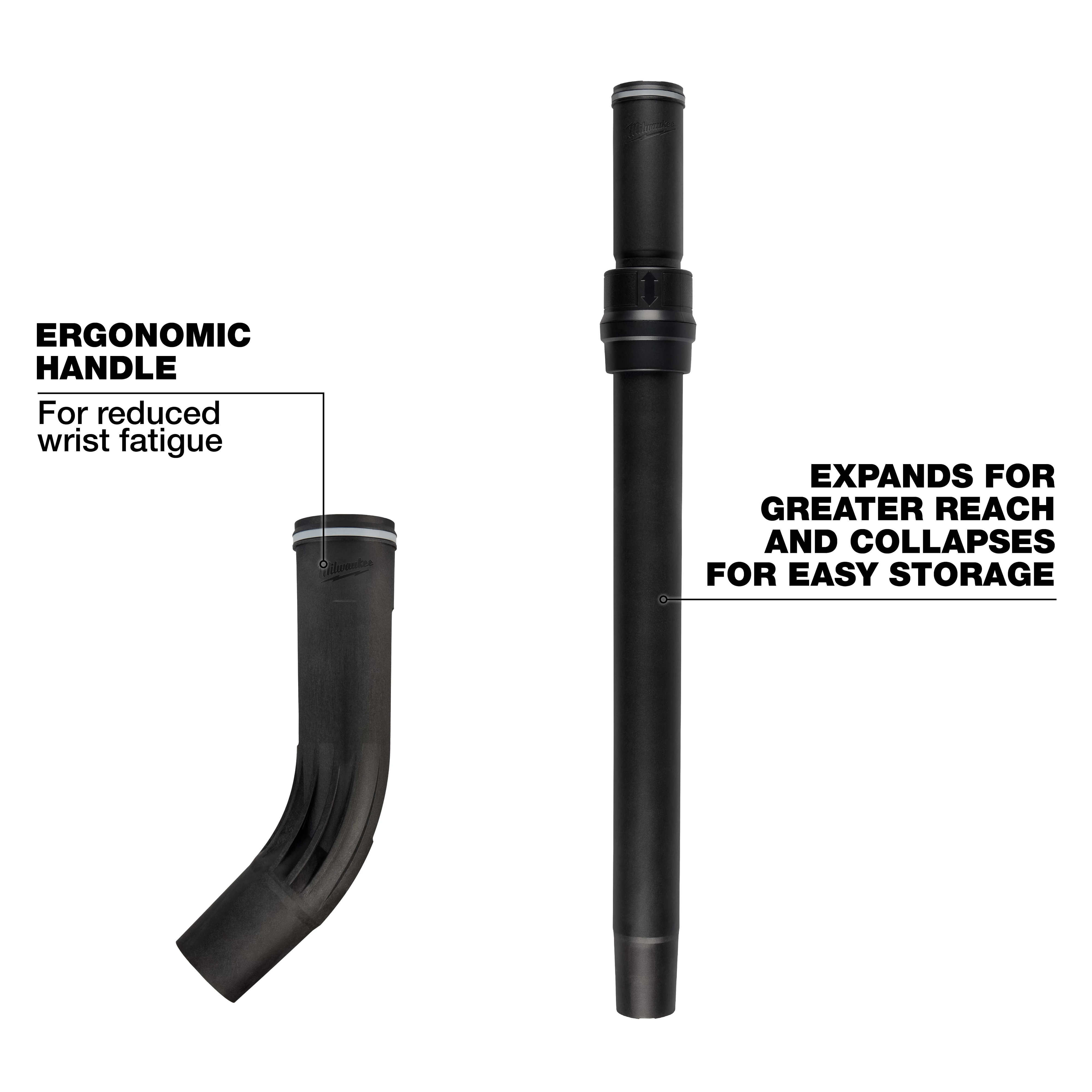 1-7/8" Telescoping Wand & Ergonomic Handle with black finish. The ergonomic handle reduces wrist fatigue, and the telescoping wand expands for greater reach and collapses for easy storage.