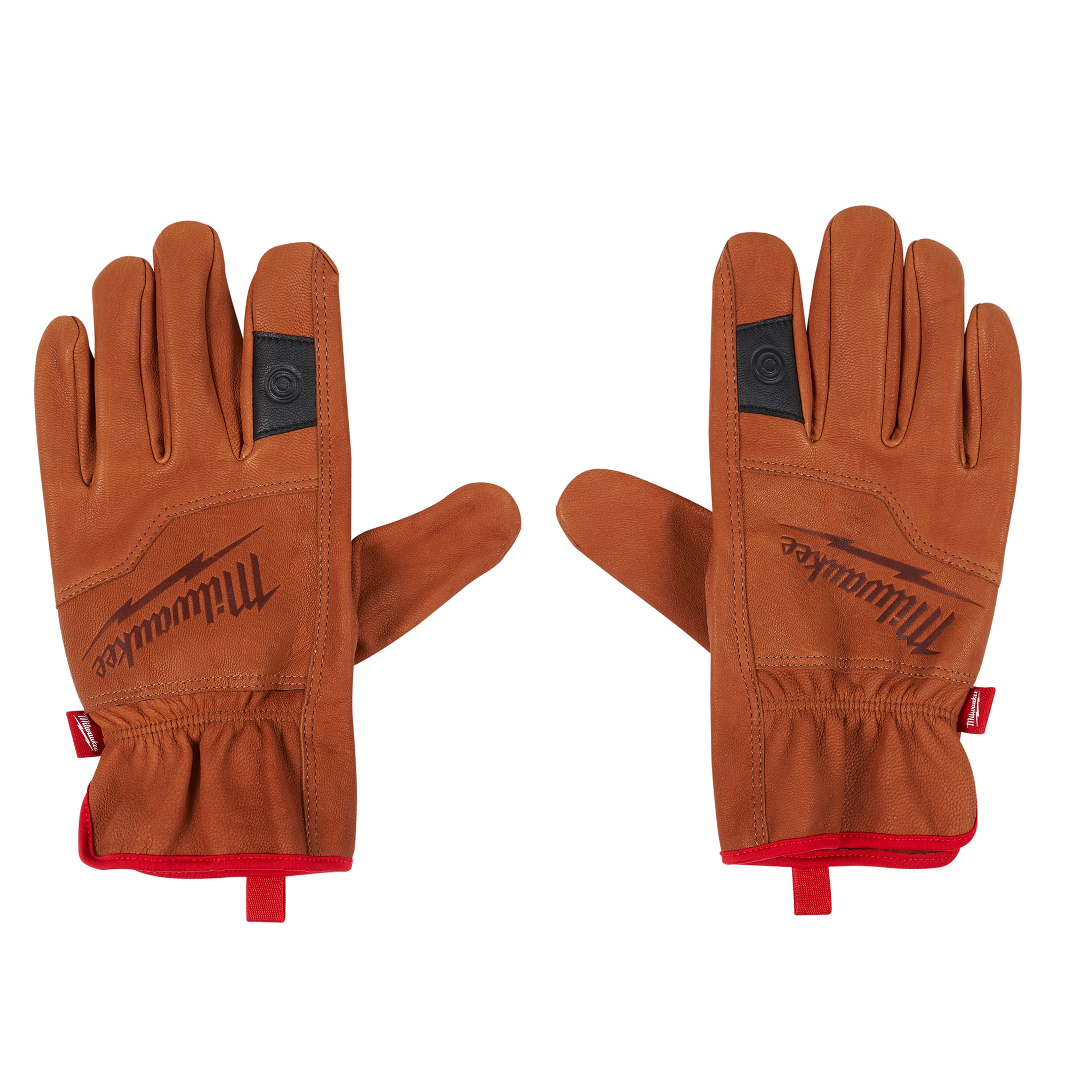 Brown Goatskin Leather Gloves with red trim, black patches on the index fingers, and a branded logo on the back of each hand. They feature an elasticated wrist and pull tabs at the cuffs for easy wear.
