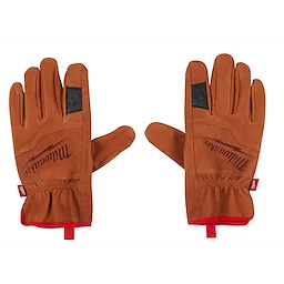 Brown Goatskin Leather Gloves with red trim, black patches on the index fingers, and a branded logo on the back of each hand. They feature an elasticated wrist and pull tabs at the cuffs for easy wear.