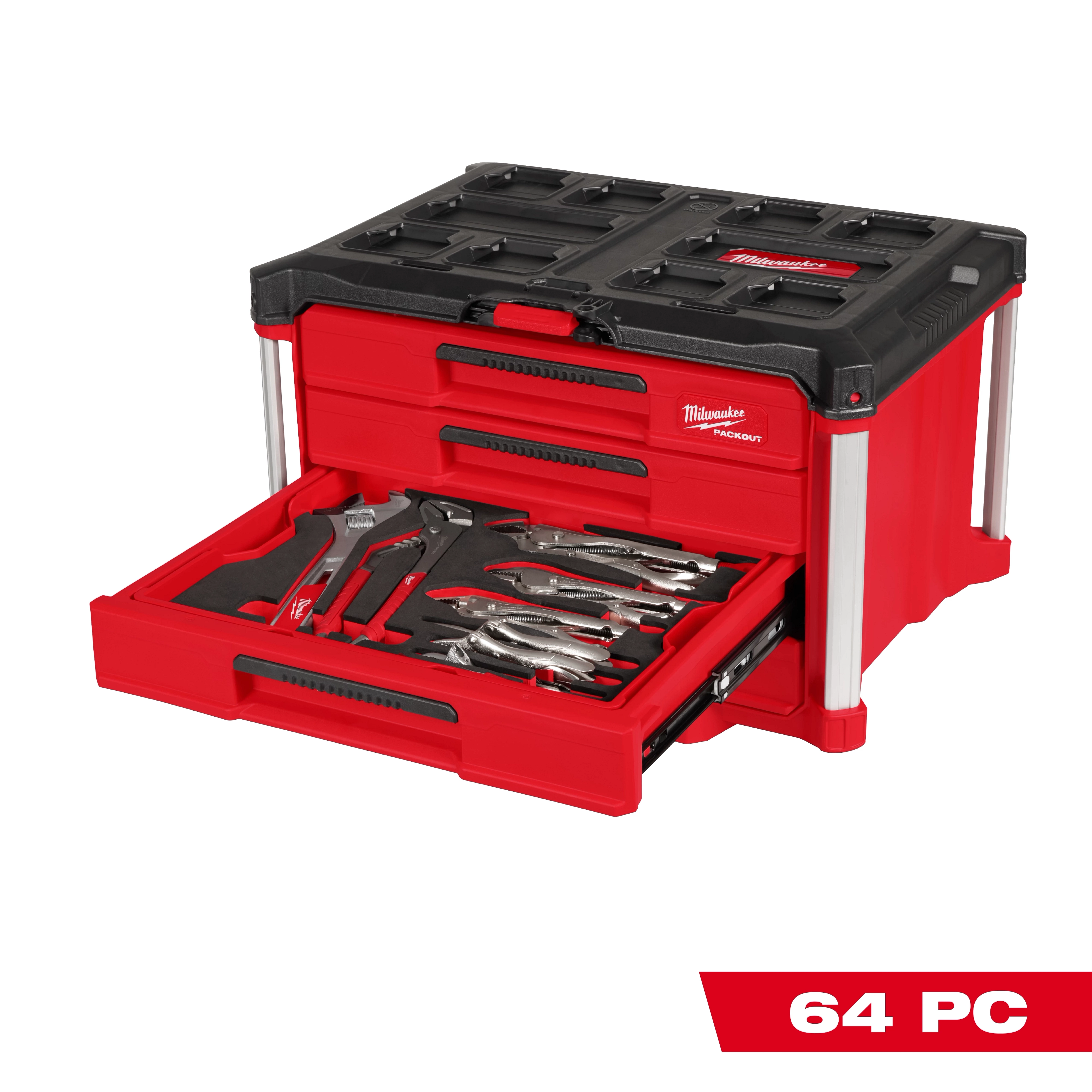 64pc. Hand Tool Set with PACKOUT™ 4 Drawer Tool Box features a red and black toolbox with stainless steel accents. One drawer is open, showing various hand tools including pliers, wrenches, and screwdrivers. The Milwaukee PACKOUT™ branding is visible on the top right corner of the toolbox.