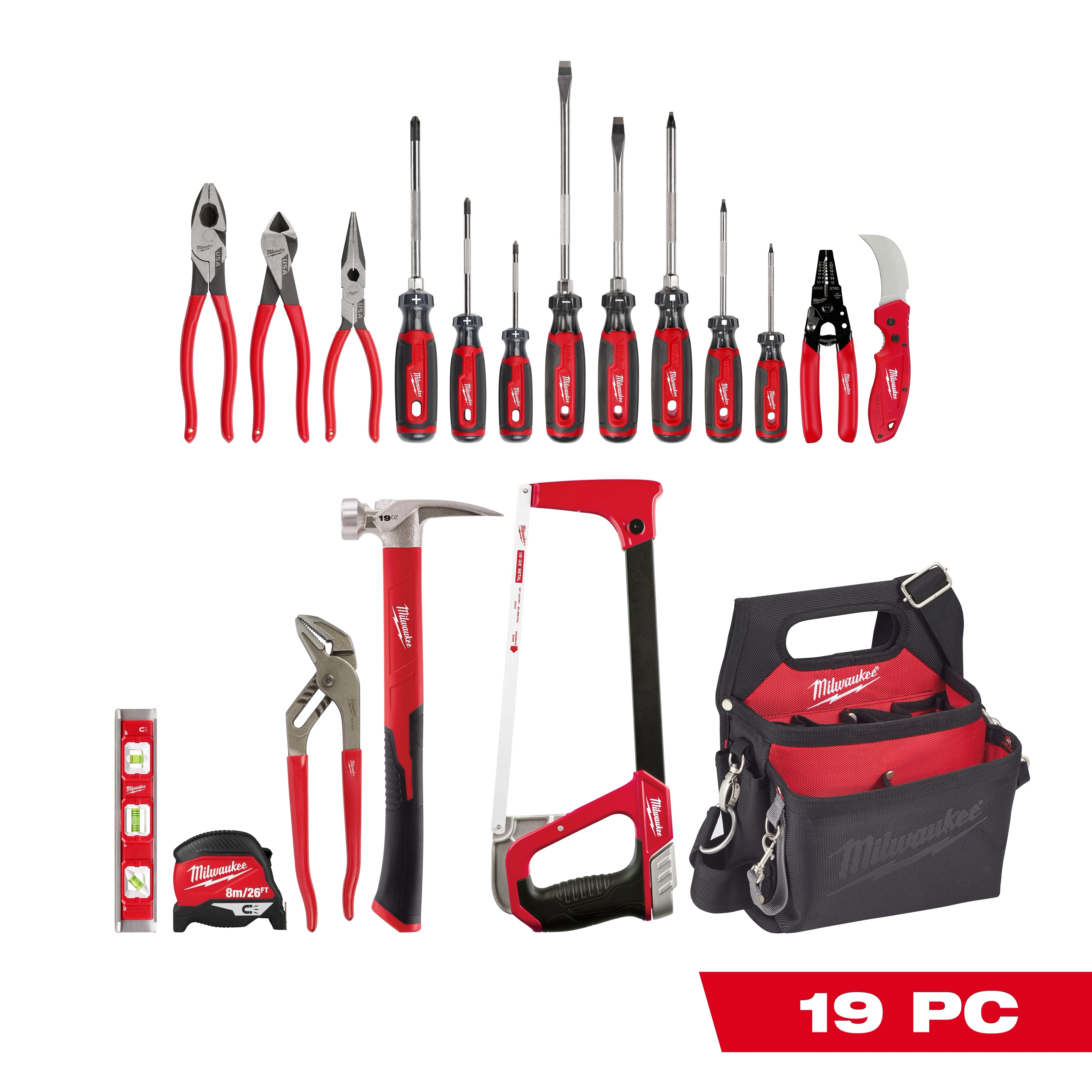 The Milwaukee 19 PC. Electrician's Hand Tool Set includes pliers, cutters, screwdrivers, wire strippers, a folding knife, a hammer, a hacksaw, tape measure, torpedo level, tongue and groove pliers, and a tool bag, all with black and red handles.