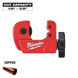 The image features the Milwaukee Mini Copper Tubing Cutter with red casing and a black adjustment knob. It has a cut capacity of 1/8 inch to 5/8 inch. An illustration of a copper pipe is shown below the cutter.
