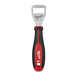 The Cushion Grip Bottle Opener features a stainless steel head with the brand name and model number 48-22-2700 etched on it. The handle has a red and black ergonomic design for a comfortable grip, also displaying the brand logo.