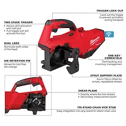 The red M18™ FORCE LOGIC™ Single Channel Strut Shear includes features such as trigger lock out, dual LEDs, die retention pin, strut support plate, shear plane, tri-stand chain vice stud, and One-Key™ compatibility for tool tracking. It has a two-stage trigger for LED activation and full trigger operation.