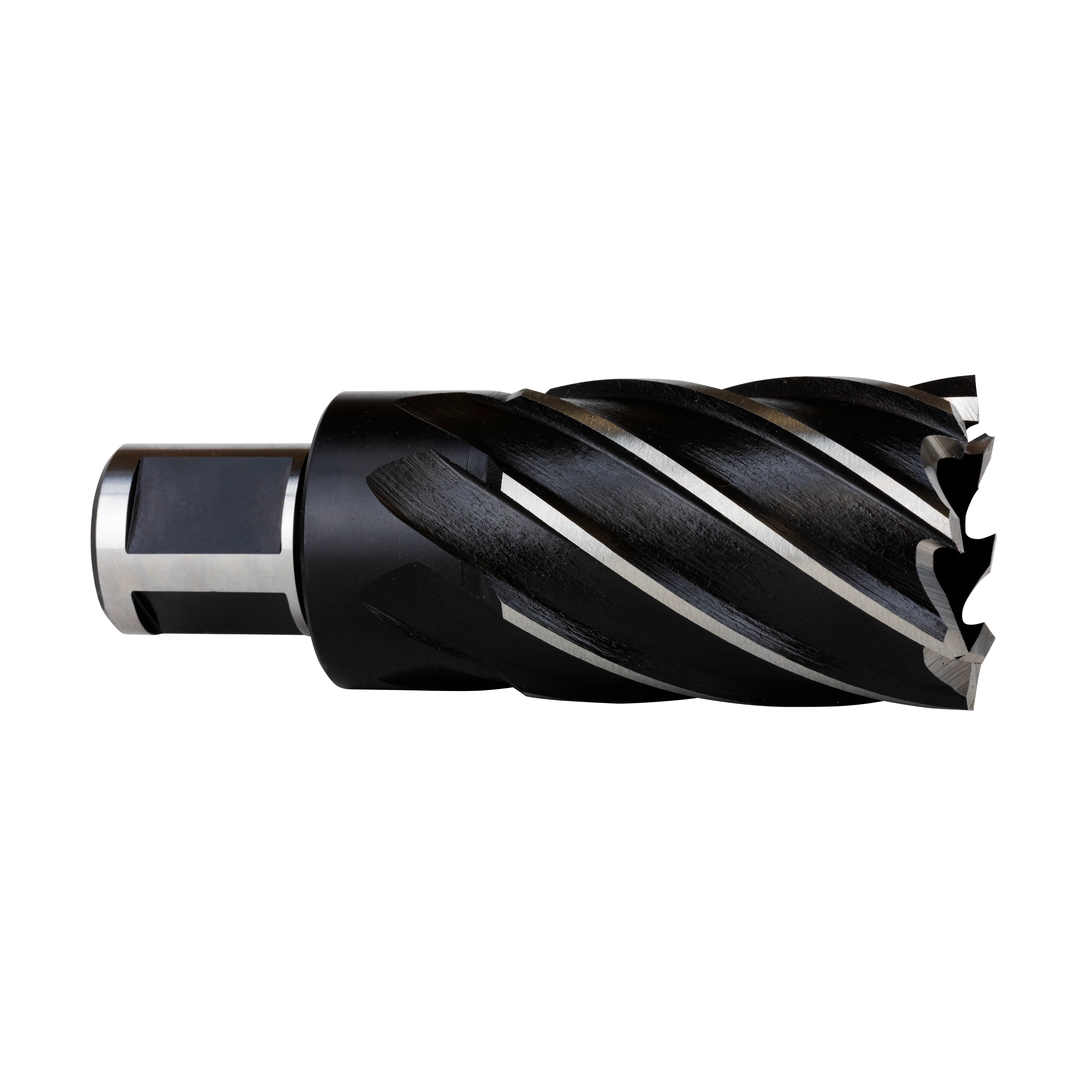 HSS Angular Cutter with a cylindrical shank and spiral cutting teeth, used for precise metal drilling tasks.