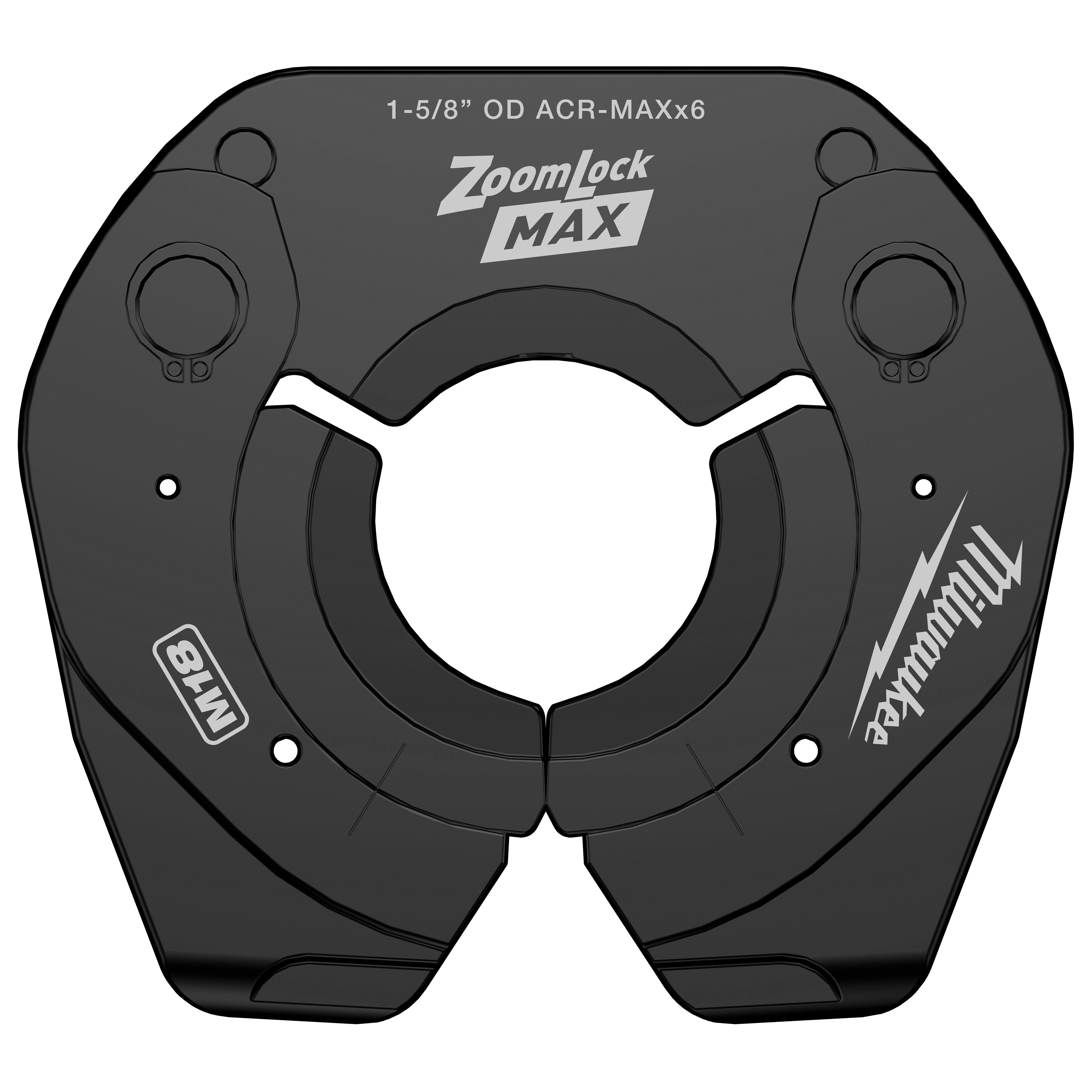 The ZoomLock MAX® MaxiPro® Pivoting Press Ring is a black tool part marked with the product name, model number M18, and specifications for 1-5/8" OD ACR-MAXx6. Designed for secure pipe connections, it features pivoting mechanisms for ease of use in tight spaces.