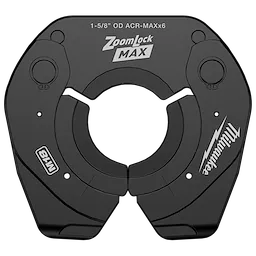 The ZoomLock MAX® MaxiPro® Pivoting Press Ring is a black tool part marked with the product name, model number M18, and specifications for 1-5/8" OD ACR-MAXx6. Designed for secure pipe connections, it features pivoting mechanisms for ease of use in tight spaces.
